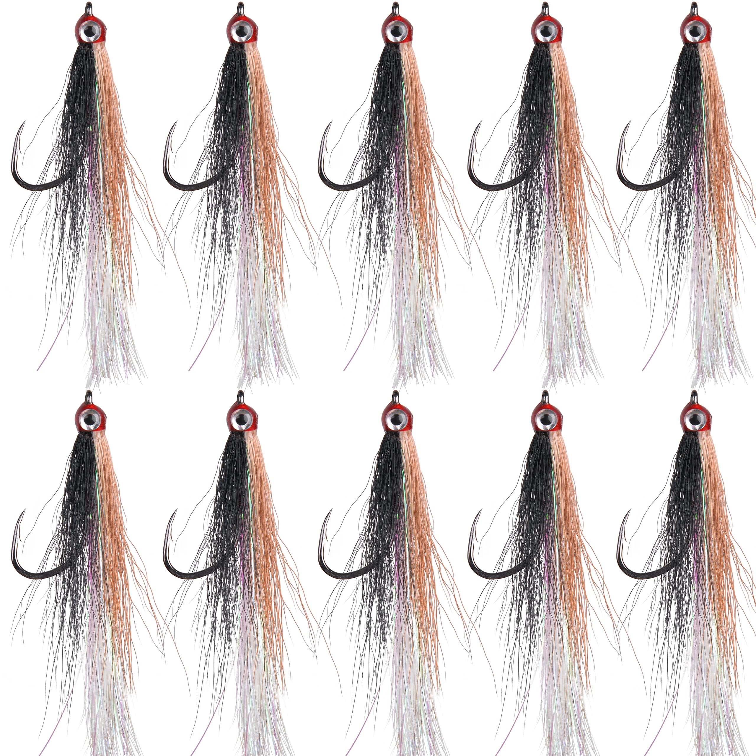 Bucktail Teasers Fishing Hook Fly Streamer - Classic Clouser Minnow Lures for Trout, Bass, Saltwater & Freshwater - 10-Pack Fly Fishing Flies for Streams, Lakes & Rivers