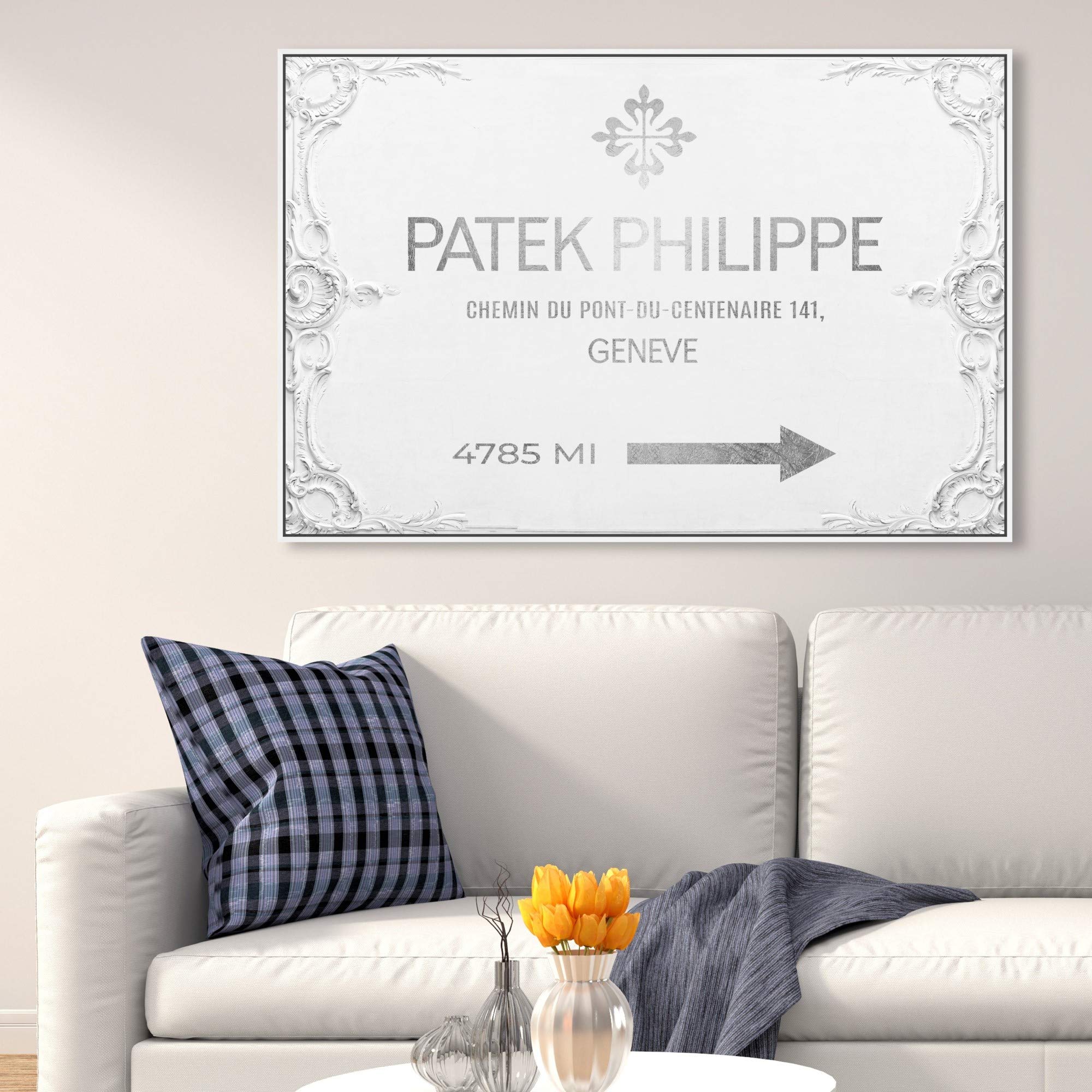Oliver Gal Artist Co. Fashion & Glam Wall Art Framed Canvas Print - Geneva Watches Road Signs Home Decor, 45x30 Inches, Gray & White - Perfect for Living Room, Bedroom & Office Wall Decor
