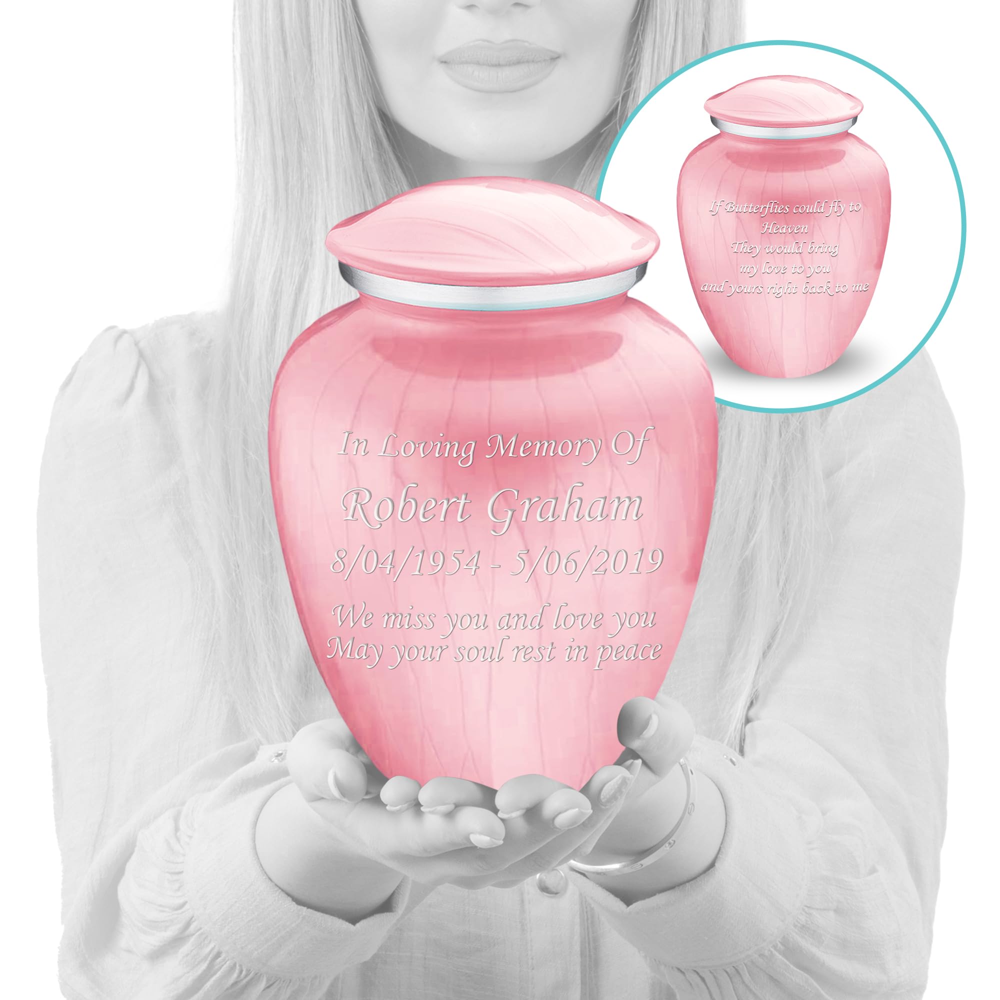 Personalized Cremation Urns for Human Ashes - Large Pearl Light Pink Funeral Urn for Adults with Double Side Engraving | Holds 200 lbs | Memorial Keepsake for Loved Ones | Perfect for Home Display or Burial Ceremony