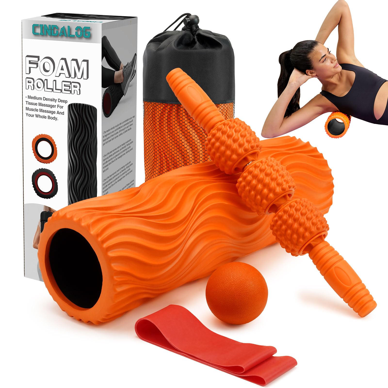 5 in 1 Foam Roller Kit - High Density Wave Textured Massage Roller for Back, Legs & Shoulders with Massage Stick, Ball & Exercise Bands - Perfect for Deep Tissue Relief, Yoga, Pilates & Fitness Workouts (Orange) - Ideal for Home Gym, Physical Therapy & Post-Workout Recovery