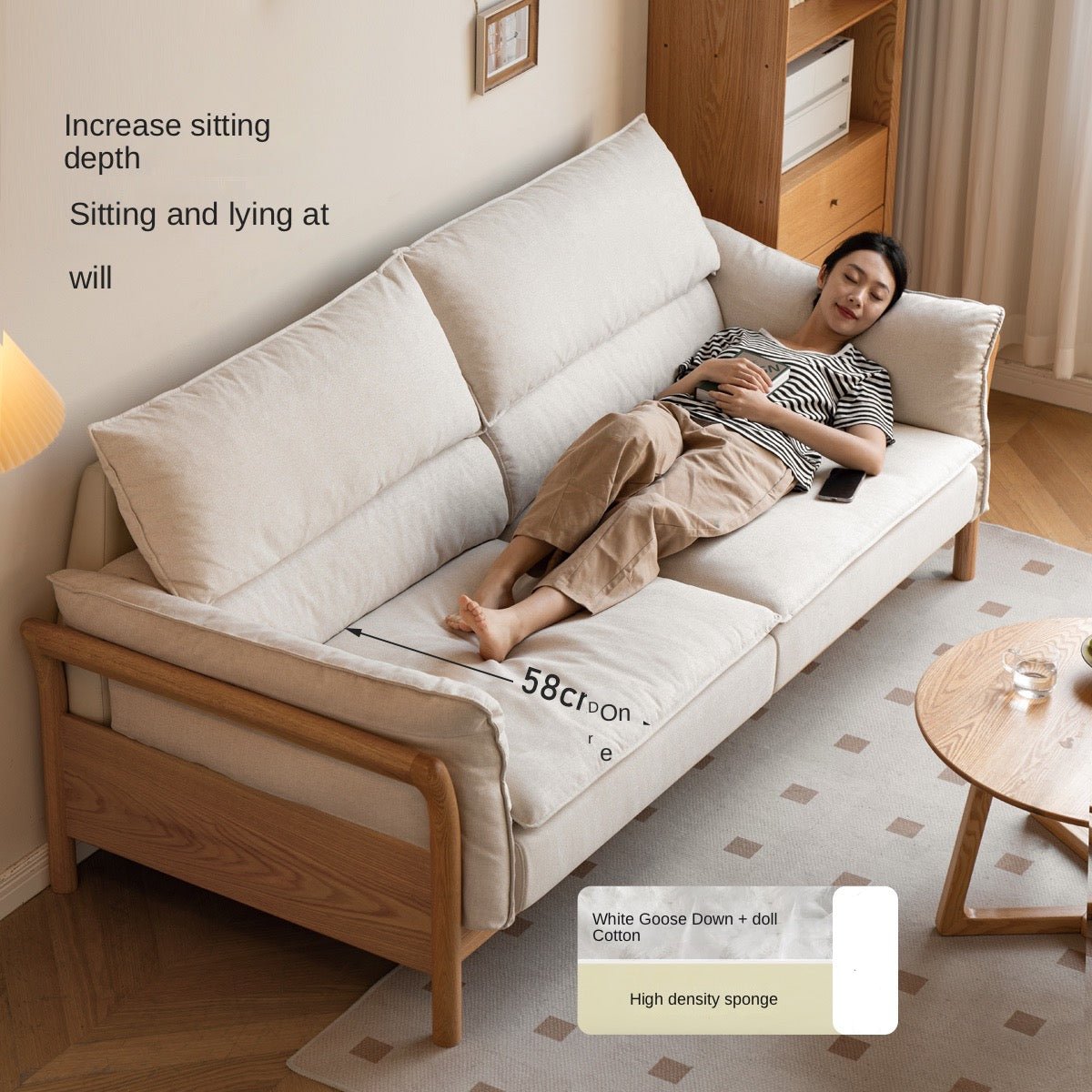 Premium Oak Solid Wood White Goose Down Cotton Sofa - Luxurious Comfort for Living Room, Lounge & Home Decor