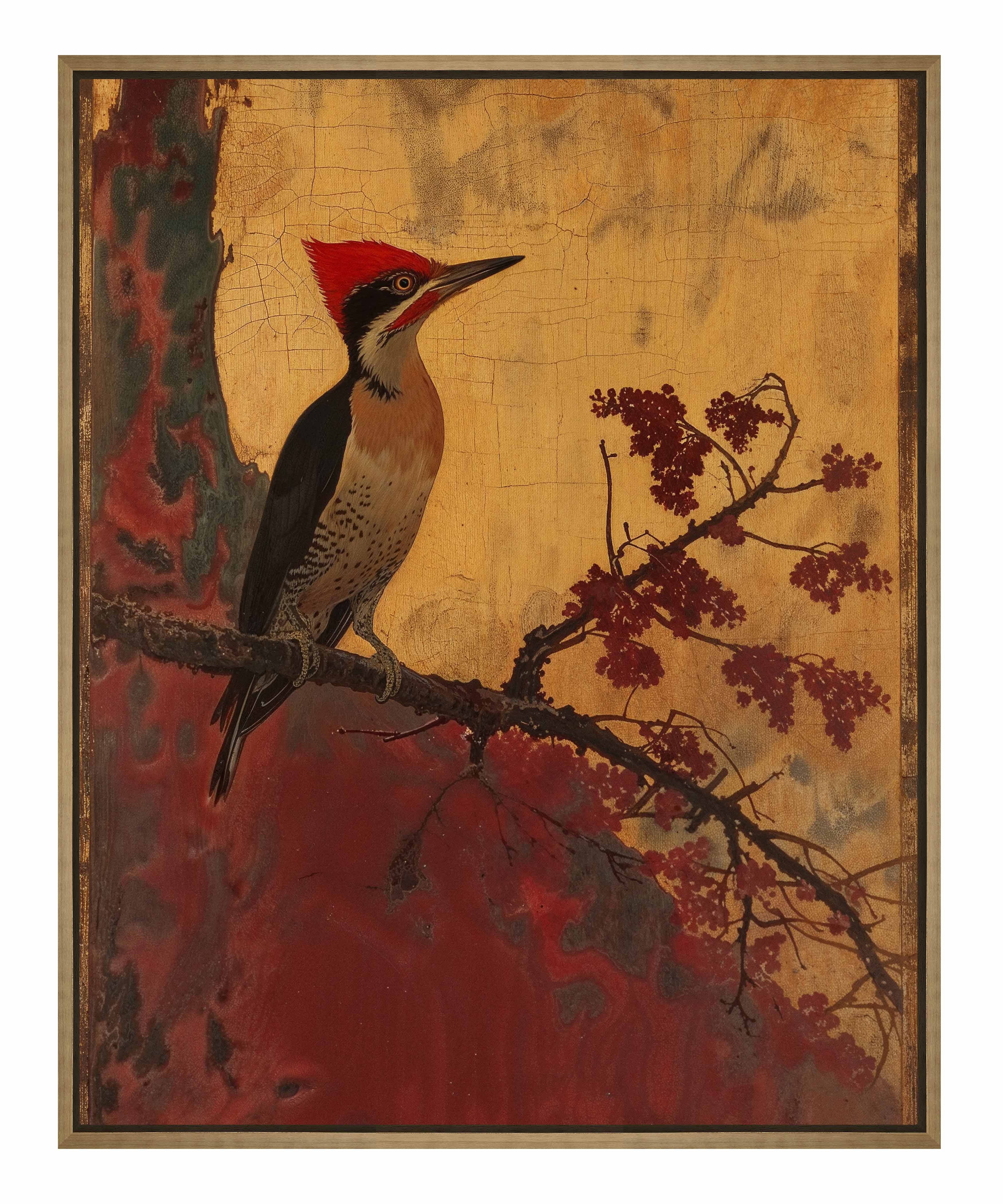 Echoes of Silk Woodpecker in Autumn Splendor - Handmade Gallery Wrapped Canvas Wall Art for Living Room, Bedroom & Office Decor