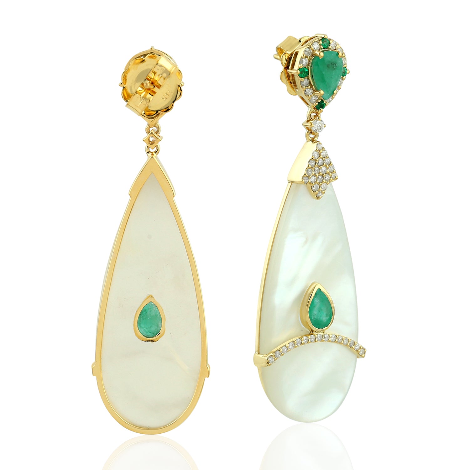 18K Yellow Gold Mother of Pearl Pear Emerald Pave Diamond Drop Dangle Earrings for Women - Elegant Bridal Jewelry, Wedding Gift, Anniversary Present, Evening Party Accessories