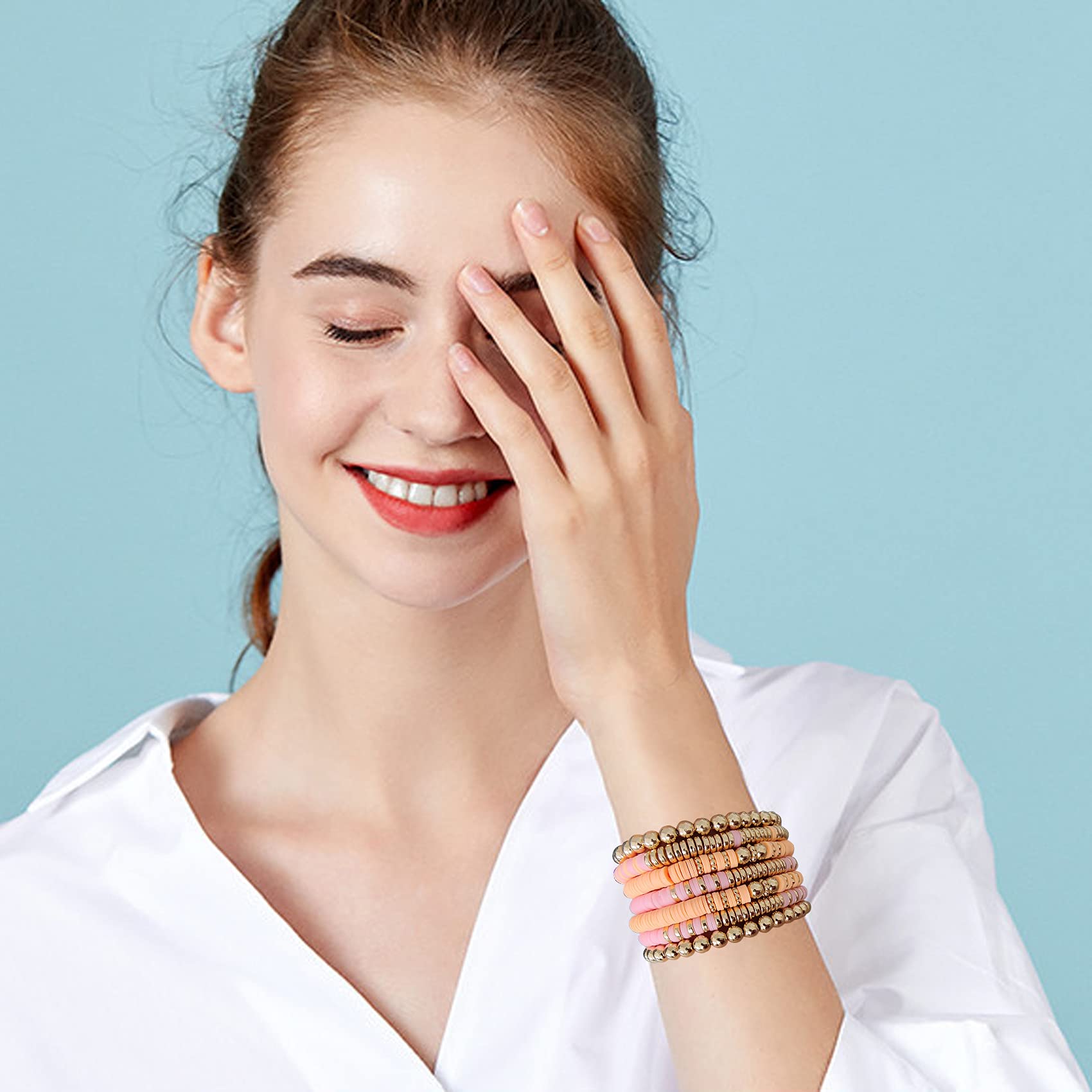GOOJIDS Surfer Heishi Clay Bead Bracelets for Women - Bohemian Stackable Gold Beaded Stretch Bracelets - Elastic Layering Friendship Bracelets Set - Boho Jewelry for Beach, Festival, Yoga & Everyday Wear