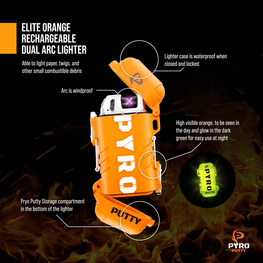 Pyro Putty Stow and Go Rechargeable ARC Lighter: Waterproof Fire Starter for Survival, Backpacking, and Outdoor Adventures - Includes Single Use Summer Putty for Camping, Hiking, and Emergency Preparedness