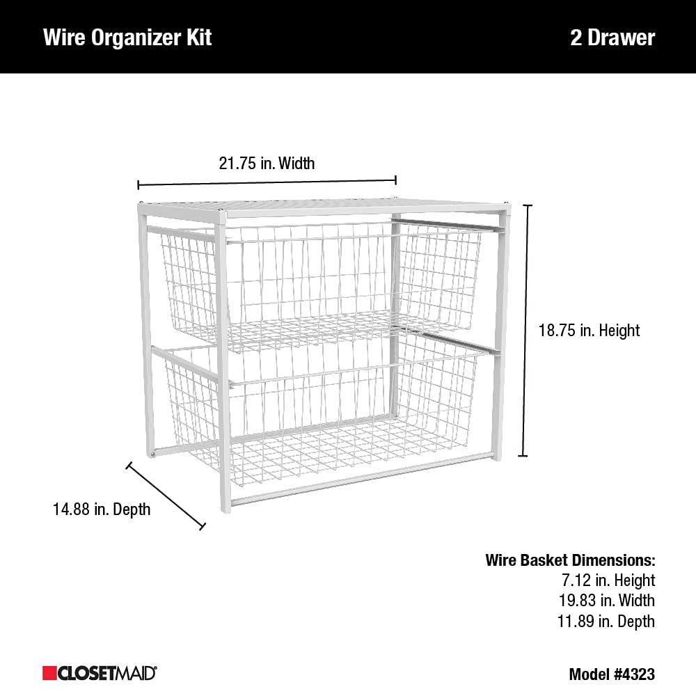 ClosetMaid 2-Drawer Wire Basket Organizer with Shelf - Sturdy Steel Storage for Pantry, Closet, Clothes & Linens - Easy Assembly White - Perfect for Bedroom, Bathroom & Kitchen Organization