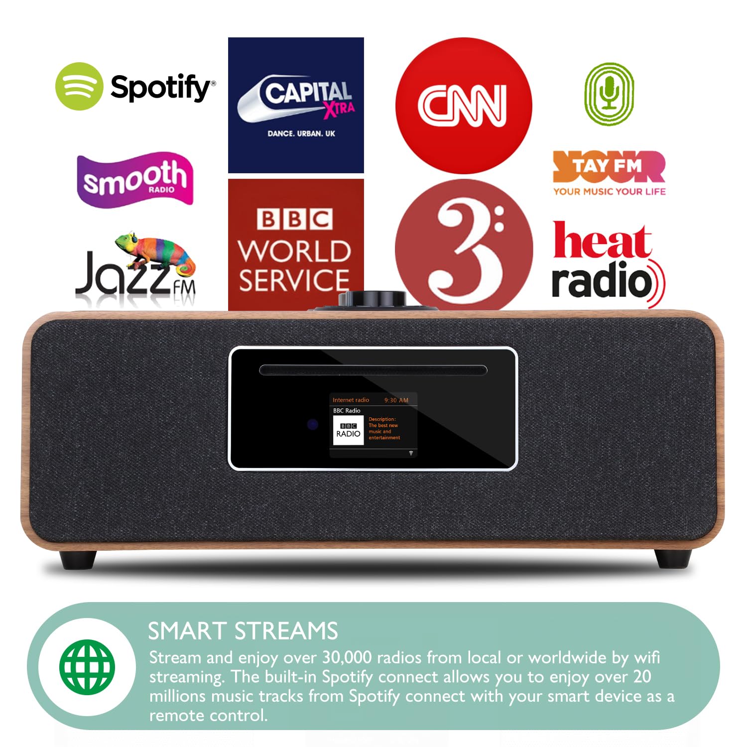 MS5P WiFi Internet Radio with CD Player - Bluetooth Speaker, FM Digital Radio, Spotify Connect, USB Player & Charging, Dual Alarm Clock, OKTIV APP Control - Home Stereo System for Living Room, Bedroom, Office (Walnut Finish)
