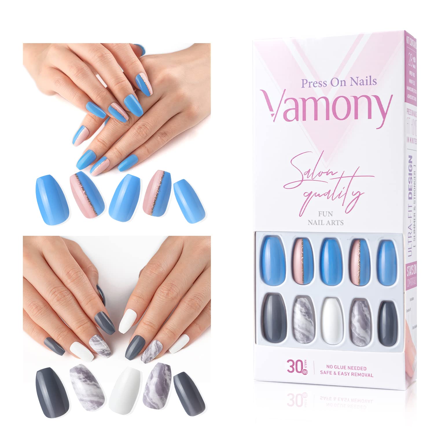Short Coffin Press On Nails Kit - 60PCS Fake Nails with Solid Colors & Stylish Designs (2 Sets) - Acrylic Stick On Nail Tips for Women - Natural Look Manicure Set - Perfect for Parties, Weddings & Daily Wear
