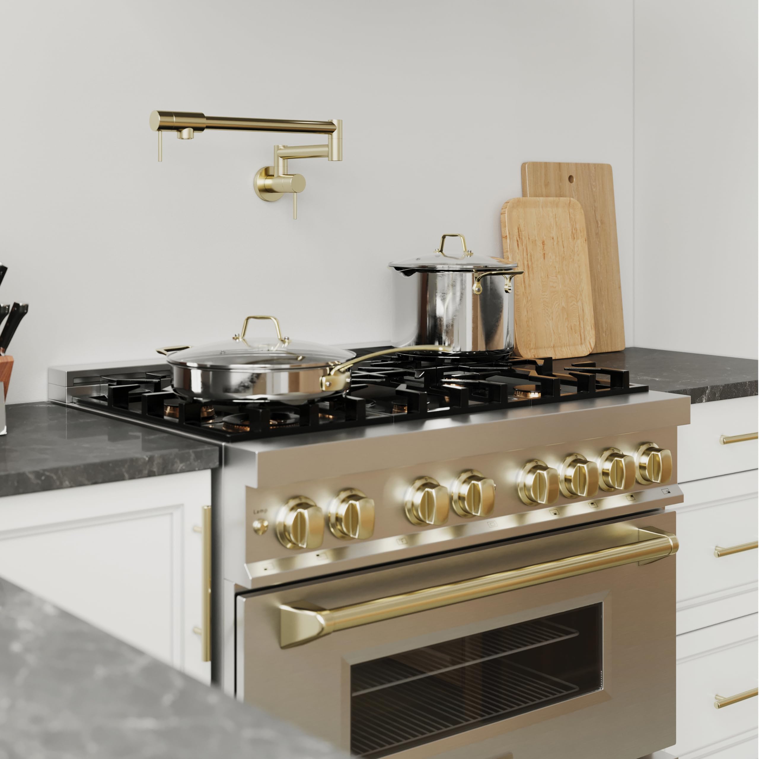 ZLINE Autograph Edition Gemini Pot Filler in Polished Gold - Professional Kitchen Faucet for Stove & Cooktop - Perfect for Modern & Luxury Home Kitchens (GEM-FPF-PG)