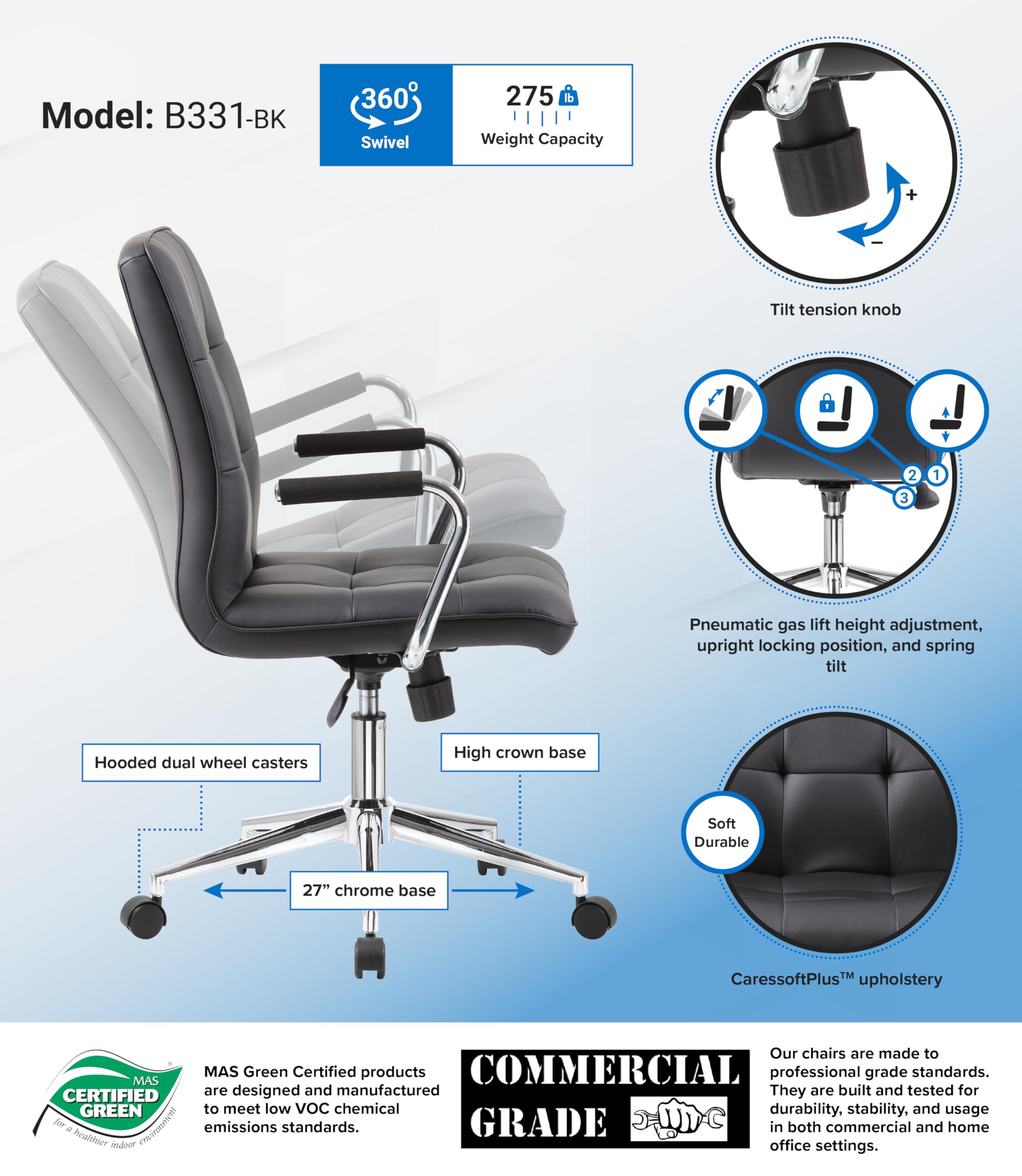 Modern Office Chair with Chrome Arms - Ergonomic Black Executive Desk Chair for Home & Office - Comfortable & Adjustable for Long Work Hours