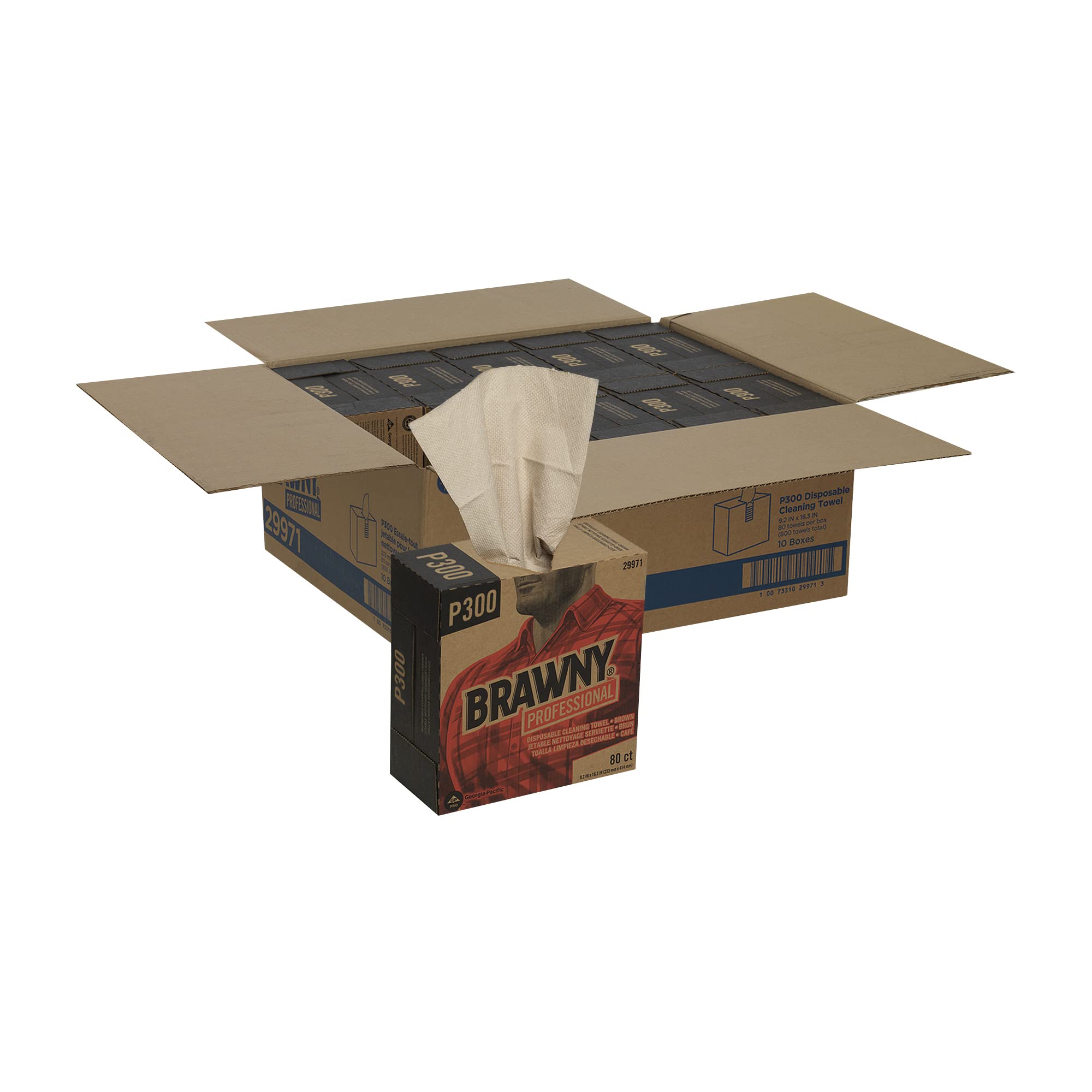 Georgia-Pacific Brawny Professional P300 Disposable Cleaning Towels - 10 Boxes (80 Count Each) | Light Duty Paper Towels for Kitchen, Office & Industrial Use | Brown Tall Box Commercial Cleaning Supplies