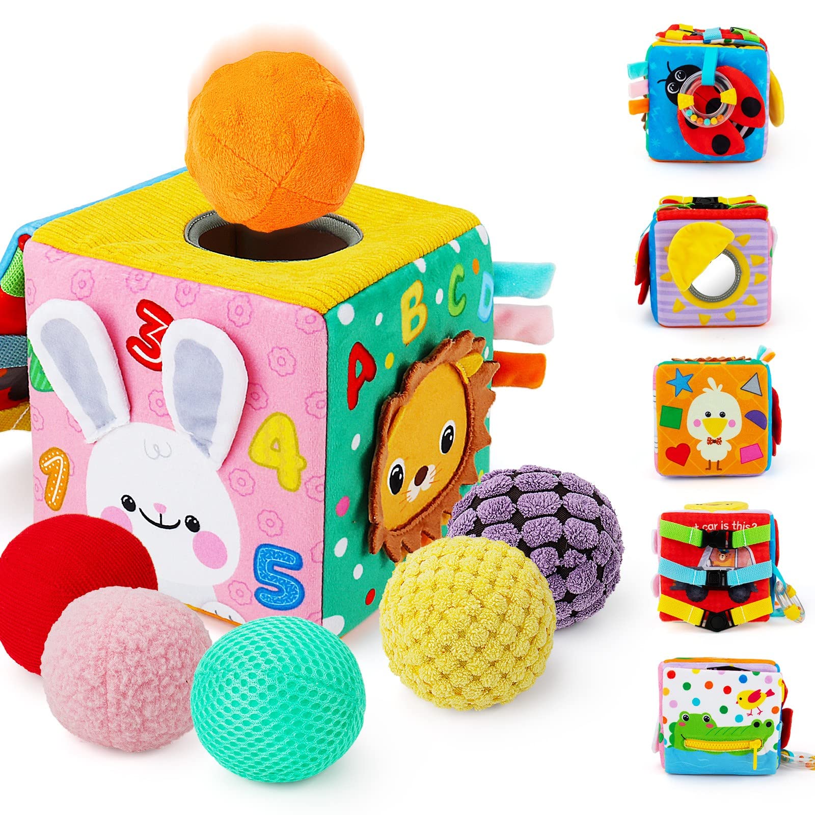 Beetoy Sensory Busy Cube for Babies & Toddlers - Montessori Educational Toy with Textured Sensory Balls for Fine Motor Skills Development - Perfect Travel Learning Toy for Newborn Boys & Girls - Ideal for Home, Car & Airplane Playtime