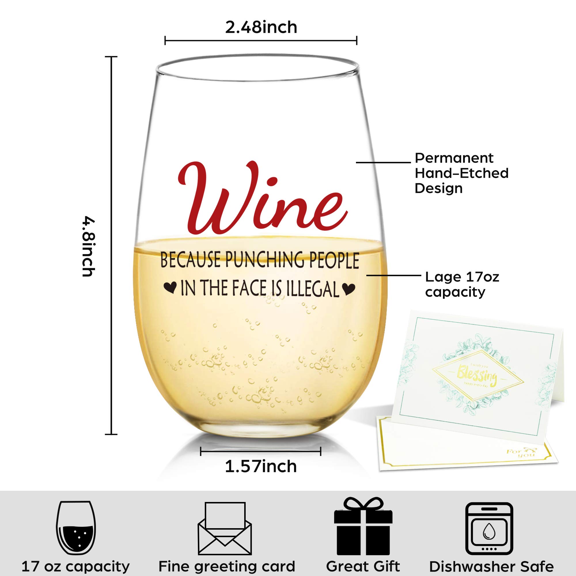 Funny Wine Glasses Gifts for Women - 'Wine Because Punching People is Illegal' Novelty 17oz Glass - Perfect Birthday, Mothers Day, Coworker, Wife, Sister & Friend Gifts - Great for Parties, Girls Night Out & Relaxing at Home
