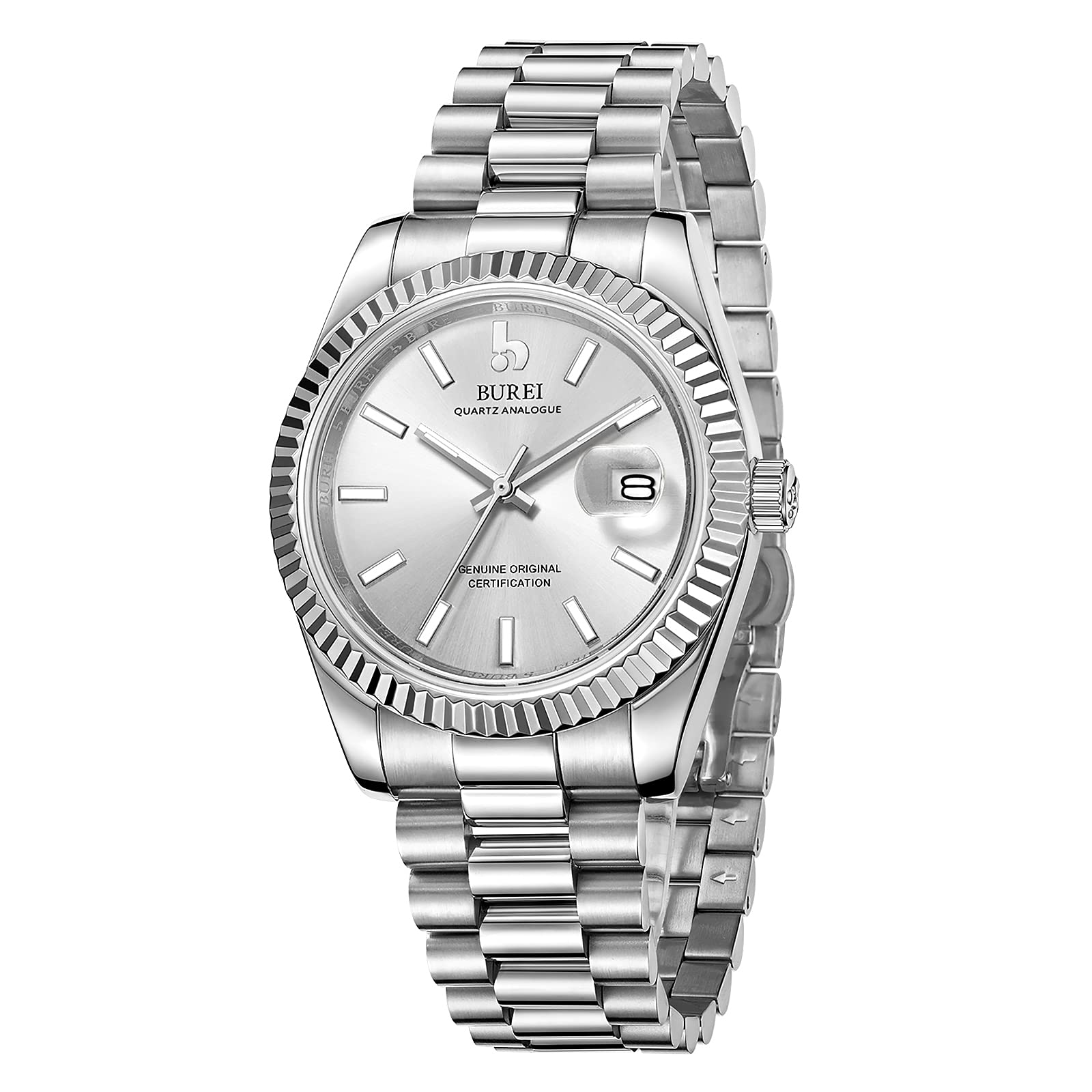BUREI Men's Quartz Wrist Watch with Date Window - Japanese Movement, Sapphire Crystal Glass, Stainless Steel Band - Perfect for Business, Casual & Formal Occasions