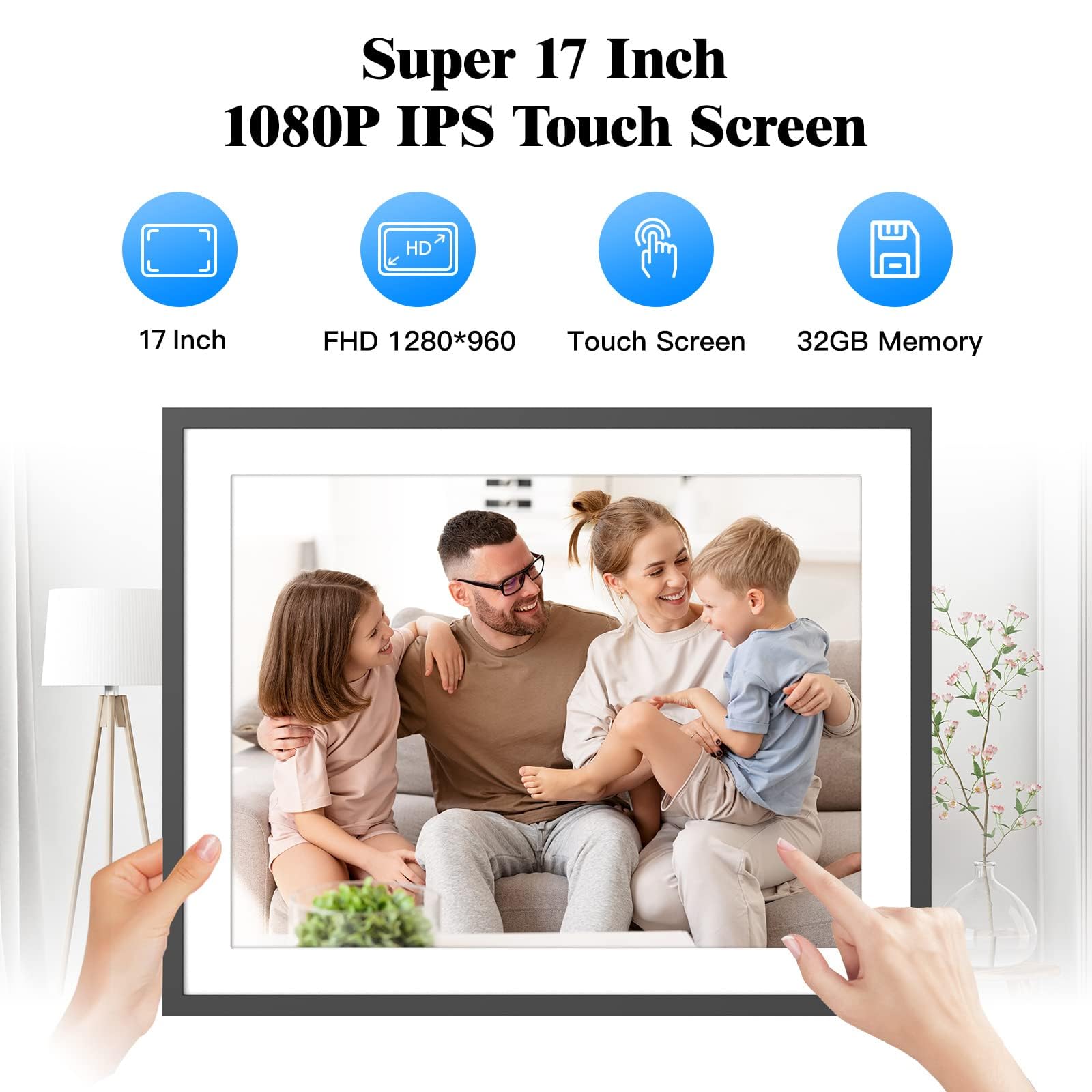 17-inch Large Digital Photo Frame with 32GB Storage, Dual WiFi, IPS Touch Screen - Share Photos via App & Email, Free Cloud - Perfect Gift for Family & Friends - Ideal for Home, Office, and Special Occasions