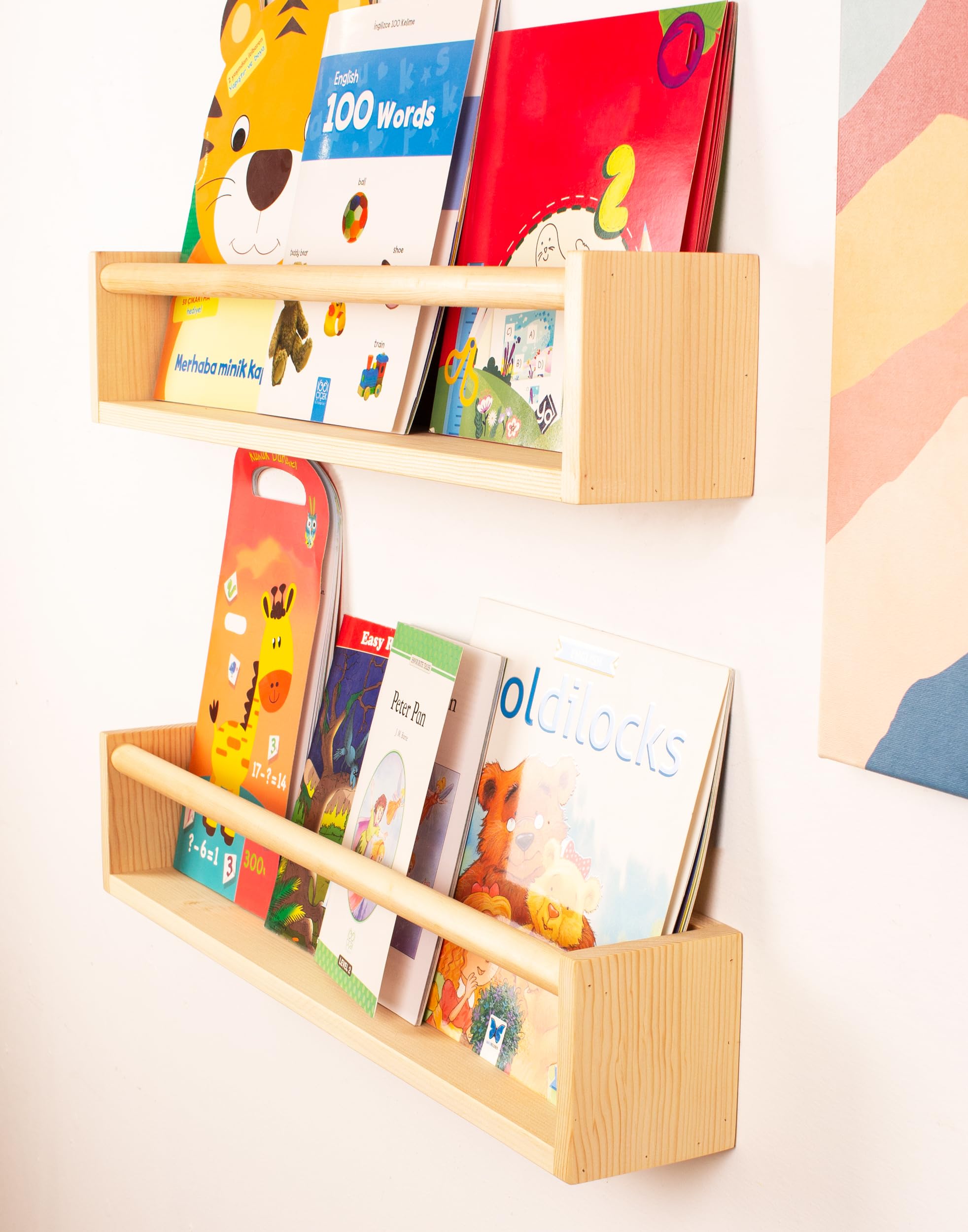 Natural Wood Floating Wall Shelves - 24 Inch 2 Pack for Nursery, Kids Room, Kitchen Spice Rack & Living Room Decor | Space-Saving Bookshelves & Stylish Storage Solution for Home Organization