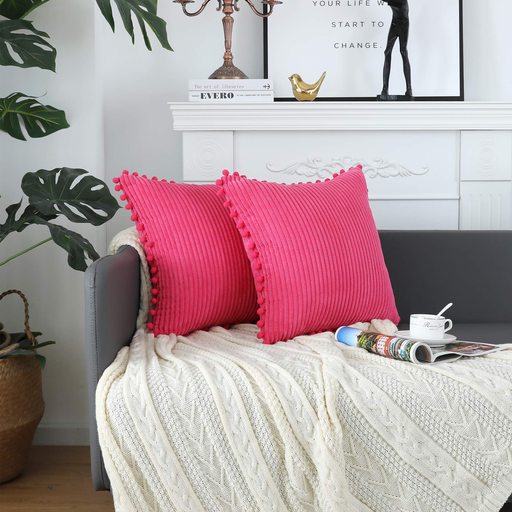 Soft Striped Boho Farmhouse Decorative Throw Pillow Covers 20x20 Inch - Hot Pink with Pom Poms (Pack of 2) for Couch, Sofa, Bed, Chair & Outdoor Use - Perfect for Living Room, Bedroom & Patio Decor