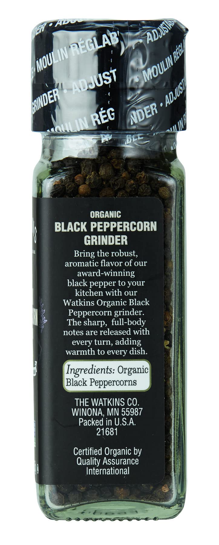 Organic Black Peppercorn Grinder by Watkins - 2.6oz Premium Freshly Ground Pepper for Cooking, Seasoning & Gourmet Dishes | Perfect for Steak, Pasta & Salad