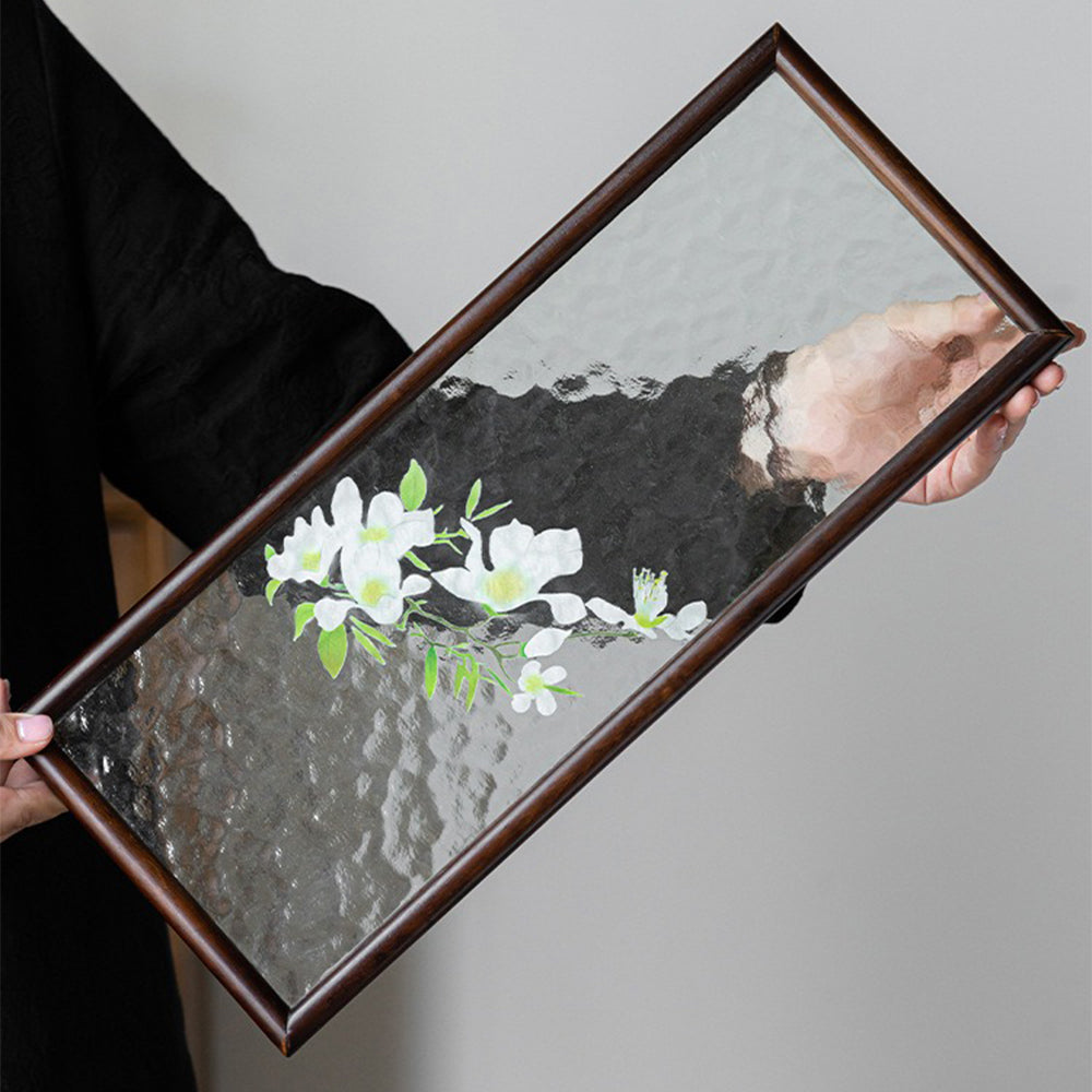 Premium Walnut Wood Glass Ripple Tea Tray - Handcrafted Tea Serving Tray for Tea Ceremony, Coffee, and Dessert Presentation - Perfect for Home, Office, and Gift Giving
