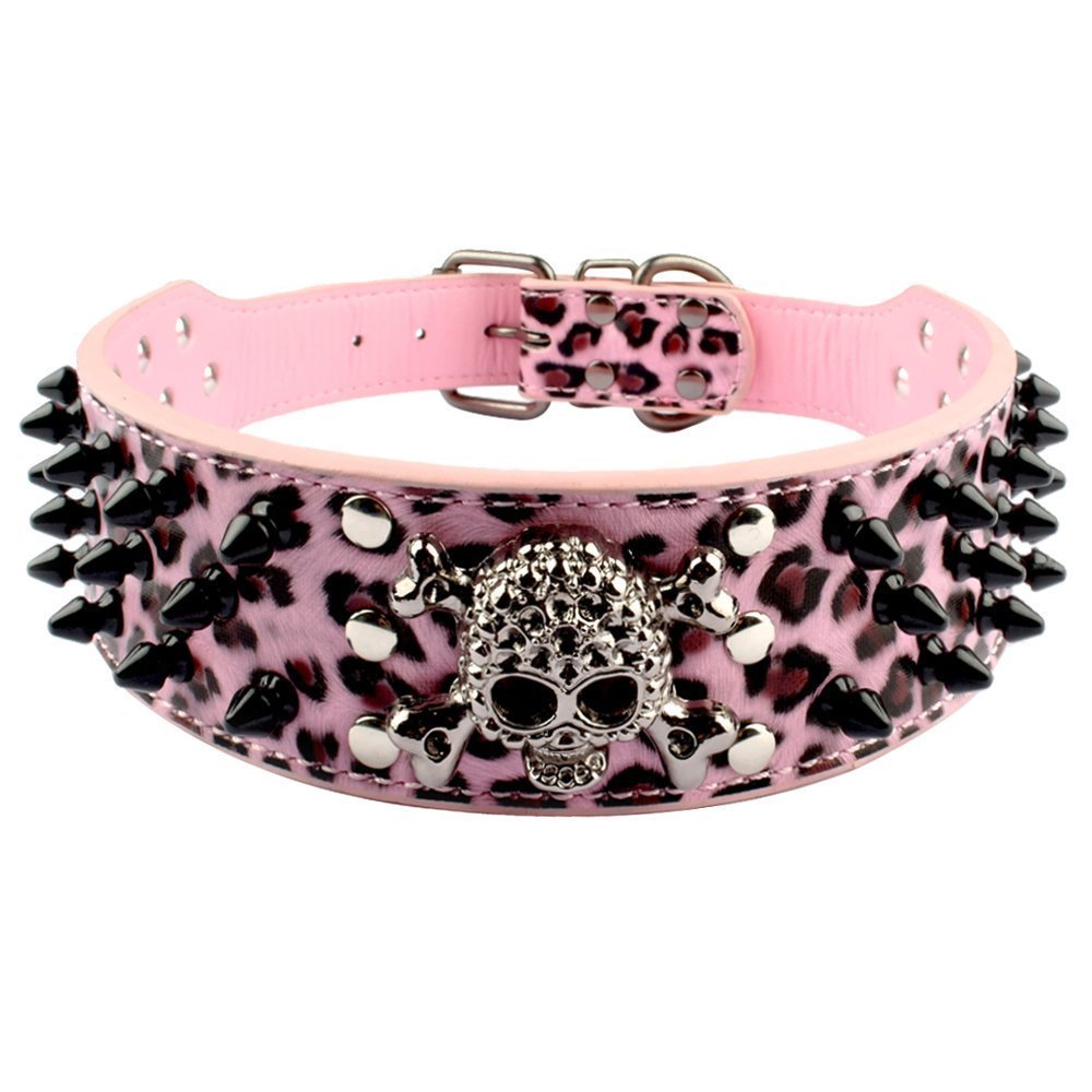 Berry Pet Spiked Leather Dog Collar - 3 Rows Bullet Rivets Studded PU Leather for Medium & Large Dogs | Cool Skull Design in Pink Leopard (19-22