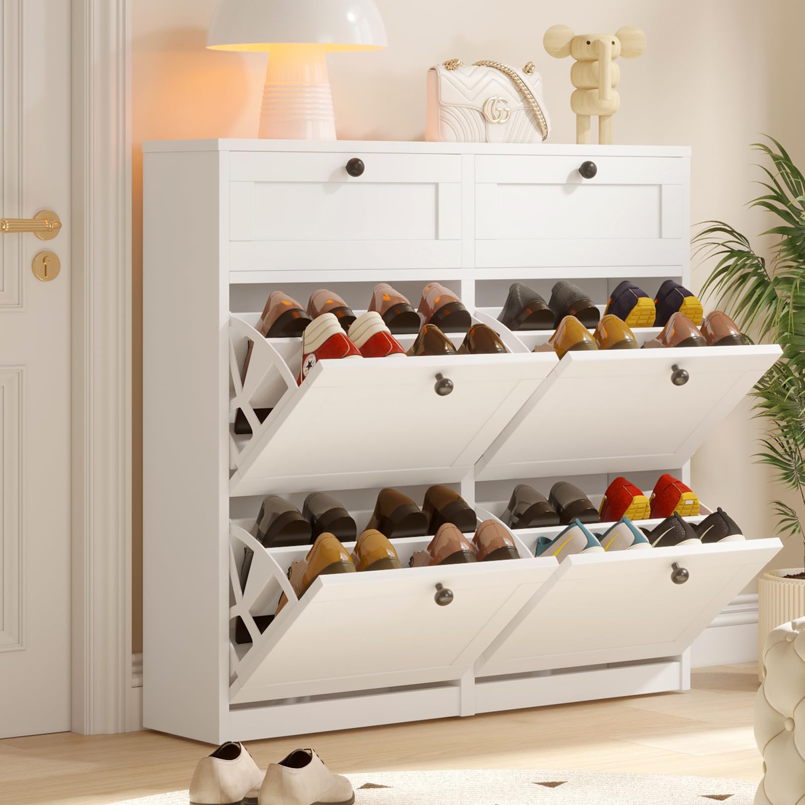 VOWNER 4 Flip Drawers & 2 Drawers Shoe Storage Cabinet - Adjustable Shelves Freestanding Shoe Organizer for Entryway, Hallway, Living Room - Perfect for Small Spaces & Apartment Organization (White)