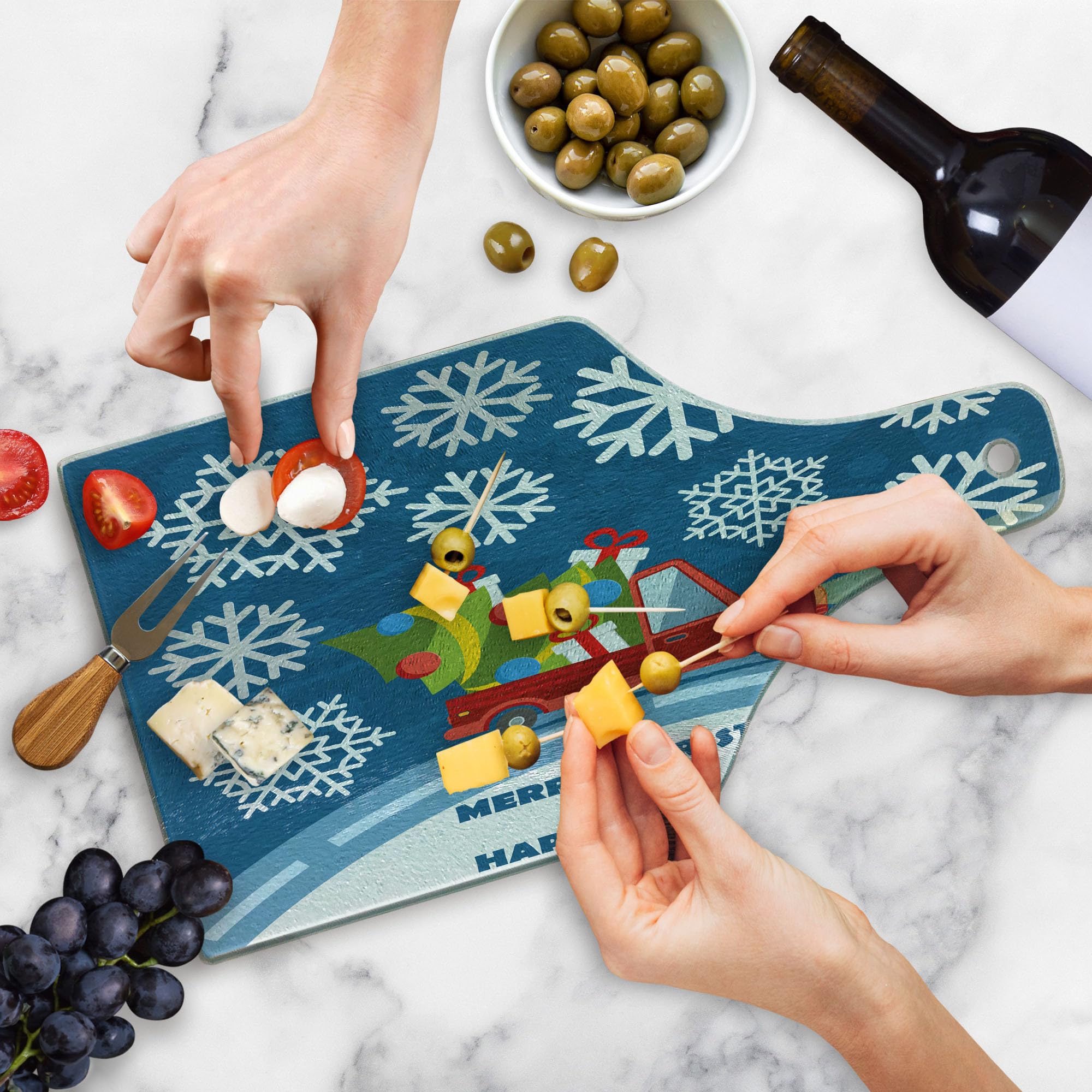 Ambesonne Christmas Themed Tempered Glass Cutting Board - Holiday Truck with Gift Boxes, Tree & Snowflakes Design - Decorative Serving Board for Cheese, Charcuterie & Wine (Blue, Red, White) - Perfect for Holiday Parties, Gift Giving & Festive Kitchen Decor