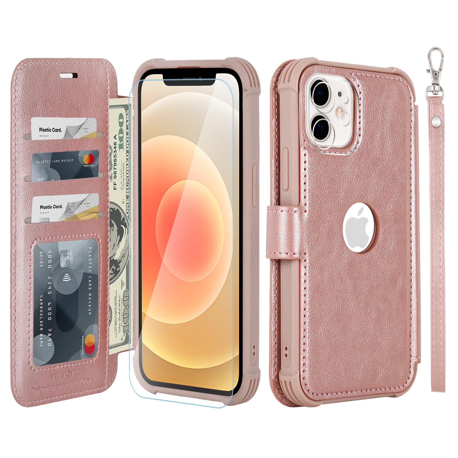 VANAVAGY RFID Leather Wallet Case for iPhone 12/12 Pro - Wireless Charging Compatible Flip Cover with Card Holder, Wrist Strap & Tempered Glass Screen Protector (Rose Gold) | Perfect for Daily Use, Travel & Business Professionals