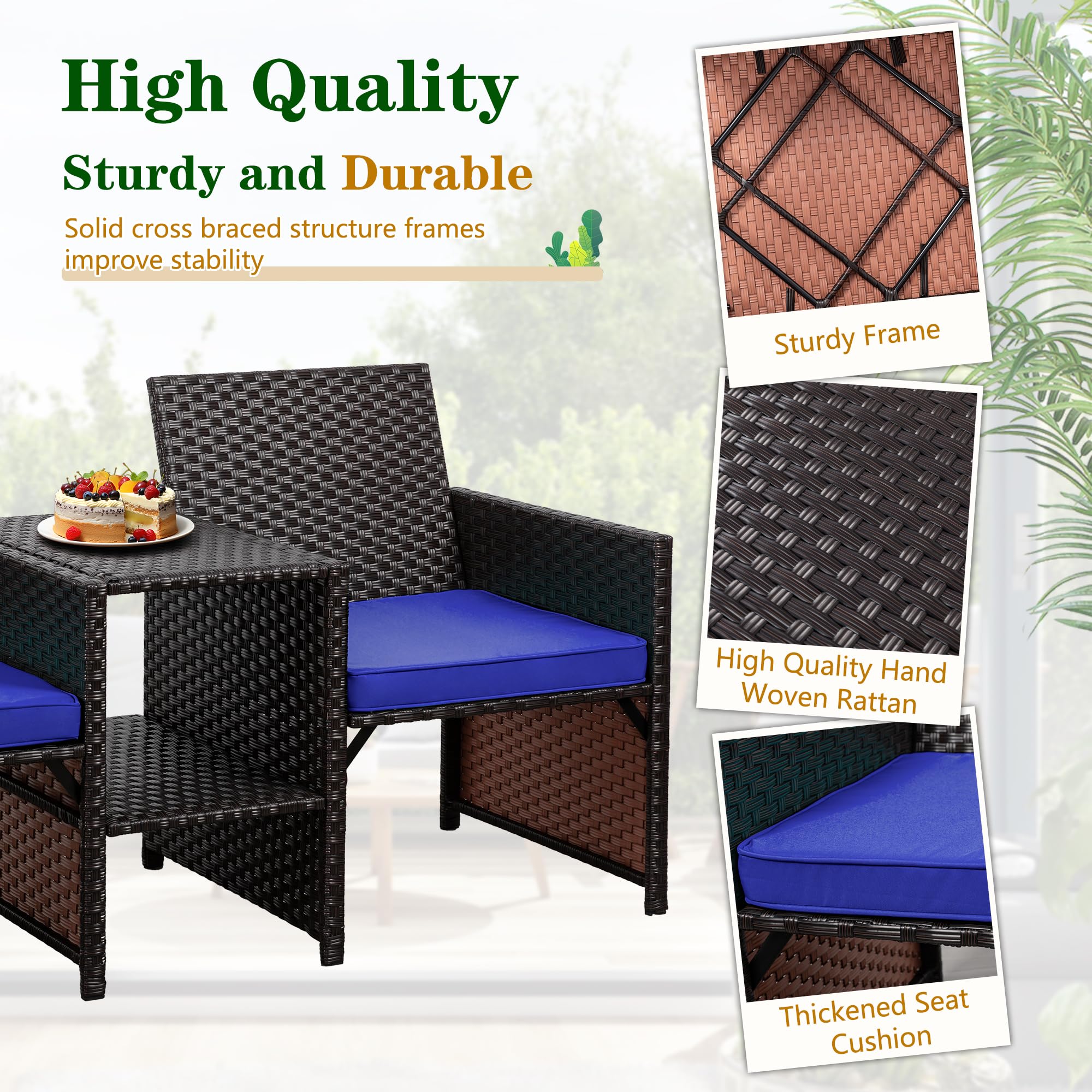 Shintenchi Outdoor Wicker Patio Conversation Set with Detachable Chairs & Table - 2 Removable Cushions, Rattan Wicker Loveseat for Patio, Garden, Backyard, Courtyard - Perfect for Relaxing, Entertaining & Outdoor Lounging (Deep Blue)
