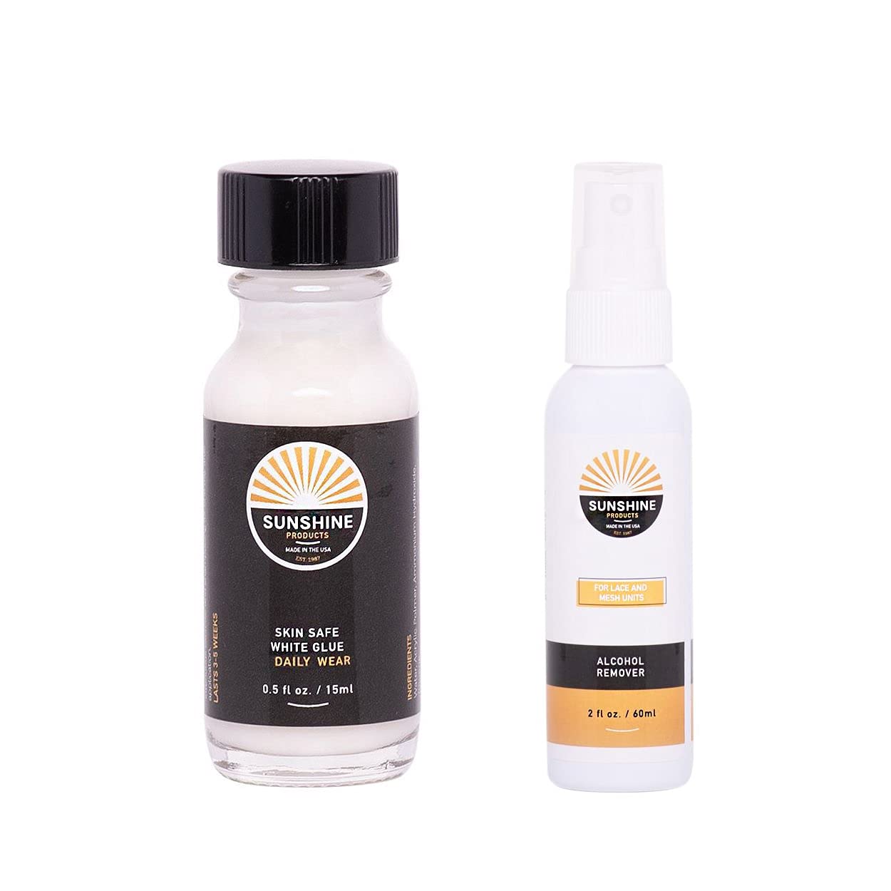 Sunshine Daily Wear White Glue Hair Replacement Adhesive - 0.5oz + Fast Acting Wig Glue Remover - 2oz | Strong Hold for Wigs, Toupees & Hairpieces | Perfect for Daily Use & Cosplay