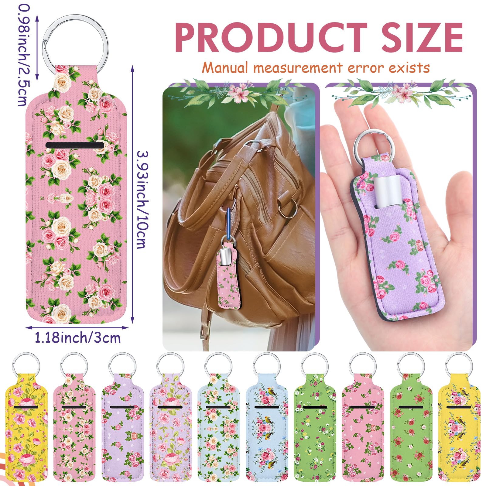 40 Pcs Floral Rose Lip Balm Holder Keychain Set with Clip - Portable Lipstick & Lip Gloss Sleeve Pouch - 10 Stylish Patterns for Gifts, Travel & Everyday Use