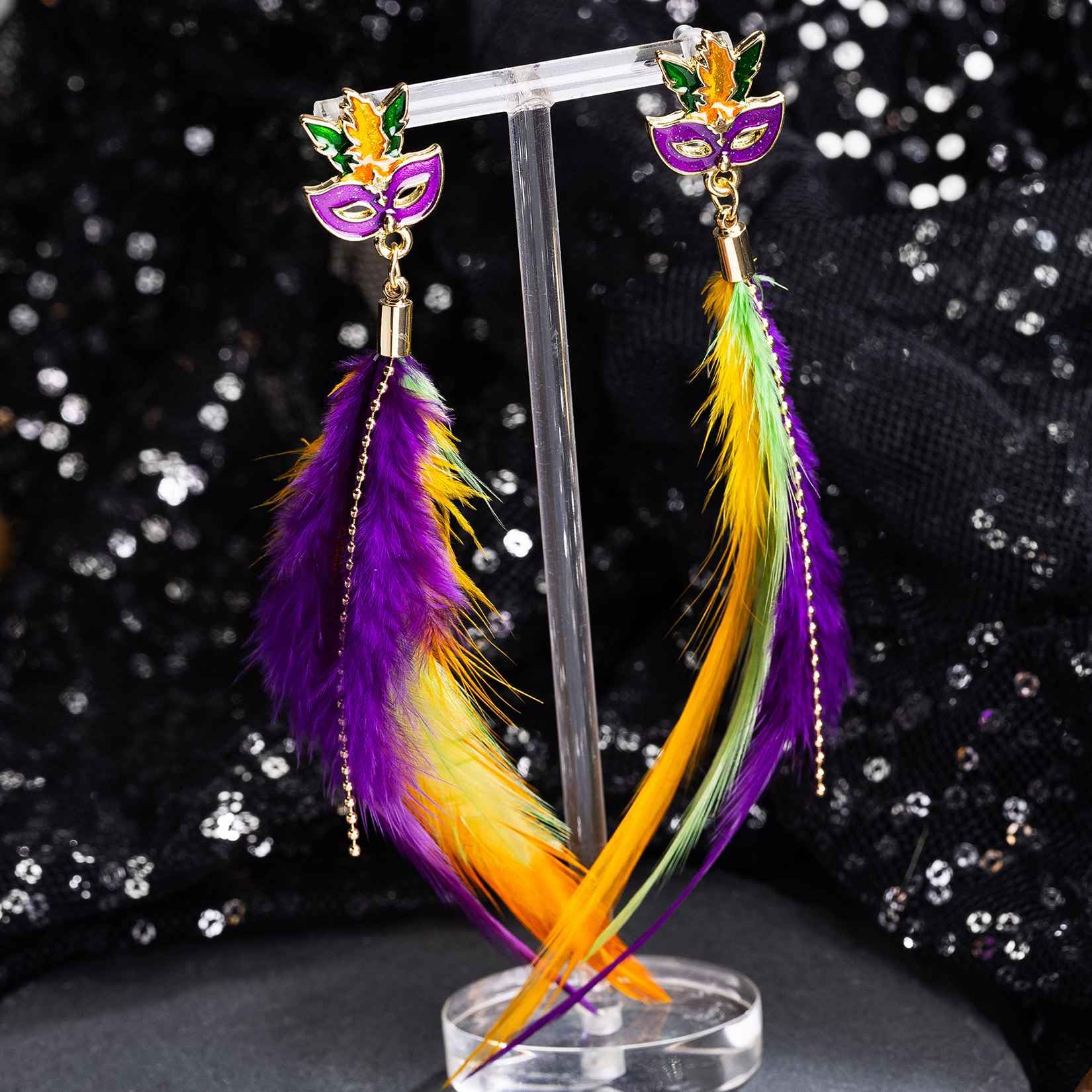 Colorful Mardi Gras Feather Dangle Earrings for Women & Girls - Carnival Mask Drop Earrings Jewelry for Holiday Parties, Festivals & Costume Events