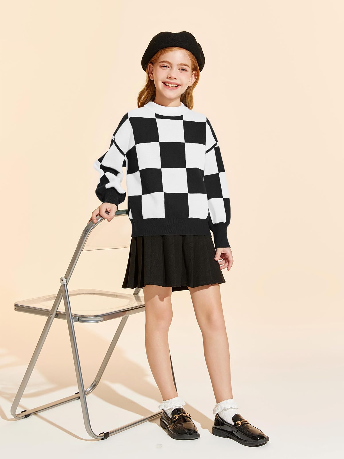 Girls Plaid Mock Neck Pullover Sweater - Fashion Knit Top for Kids Ages 5-14 Years | Cozy Winter Wear, School Outfits & Holiday Dresses