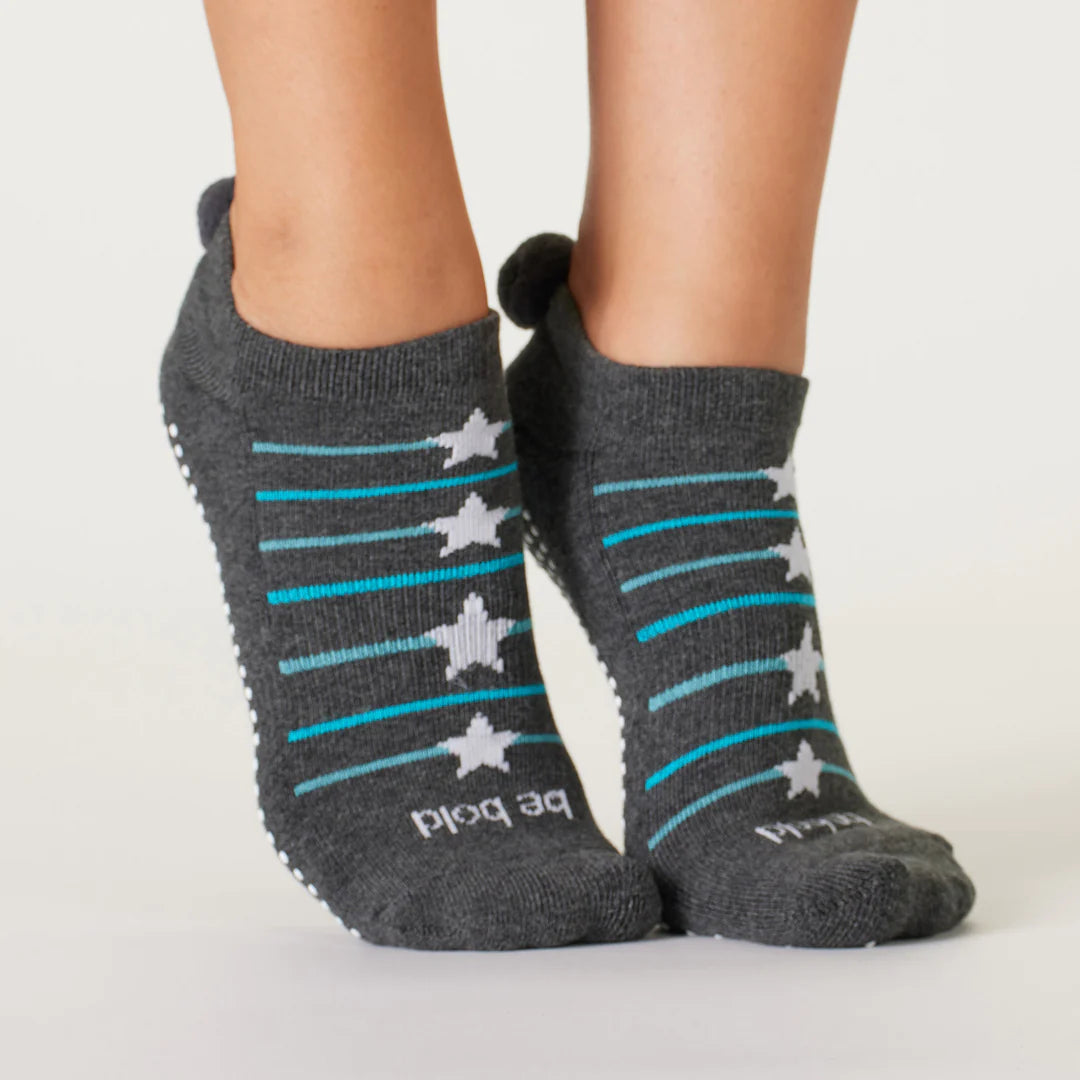 Women's Non-Slip Grip Socks with Pom Poms - Bold Grey Sticky Be Socks for Yoga, Pilates & Home Wear