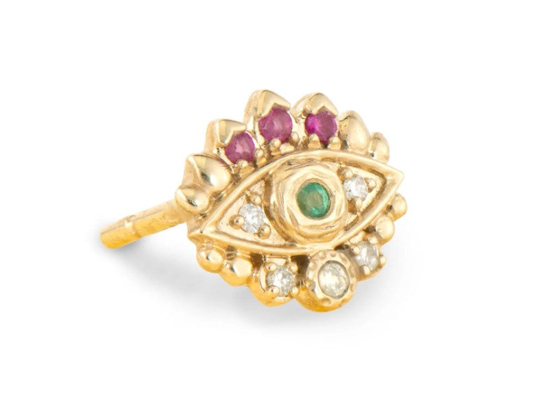 14K Yellow Gold Diamond Pink Sapphire Evil Eye Stud Earrings for Women - Protection Jewelry for Everyday Wear & Gifting