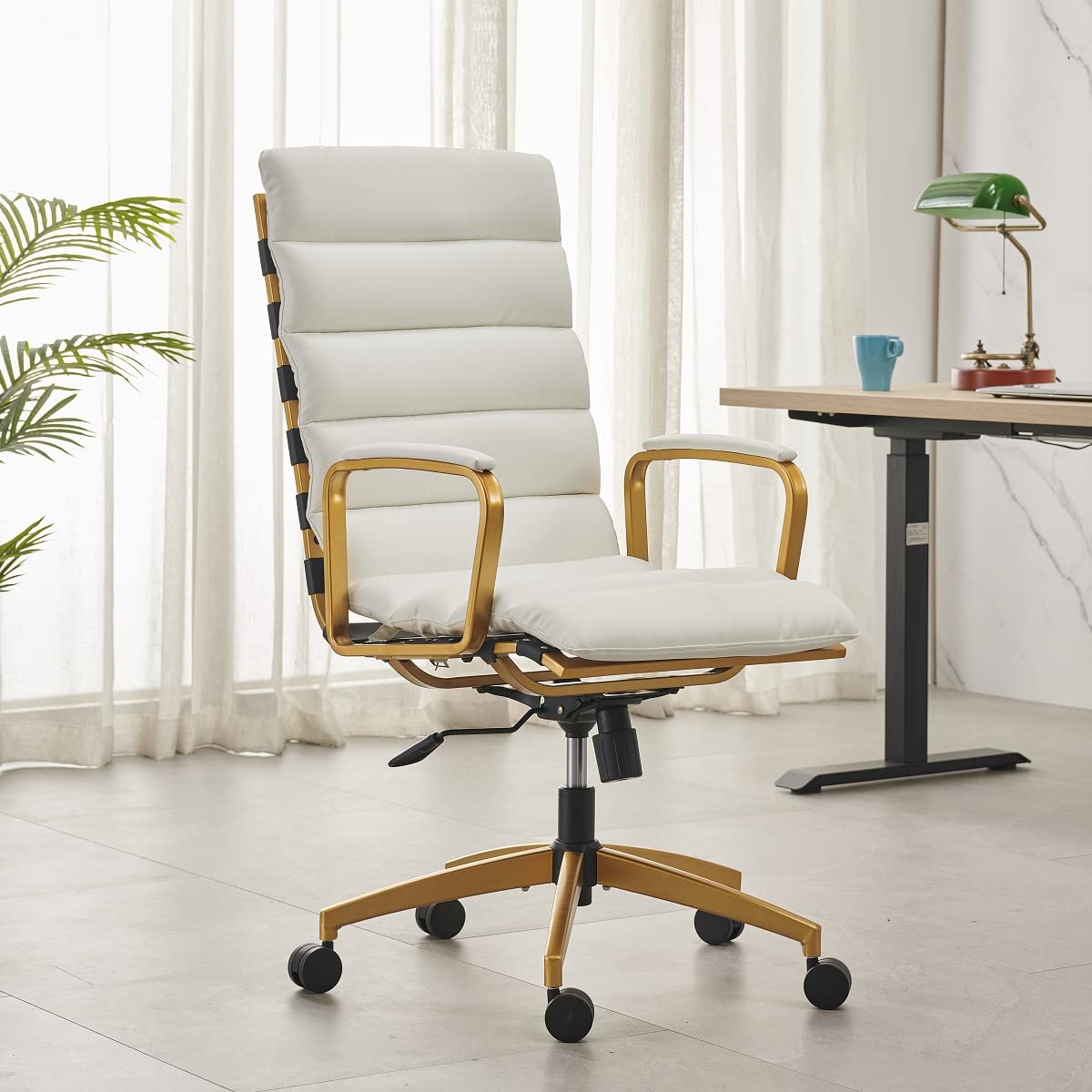 Premium White & Gold Leather Office Chair - Mid Century Modern Executive Desk Chair with Wheels - Ergonomic Rolling Chair for Home Office, Study, or Conference Room (Gold & White)