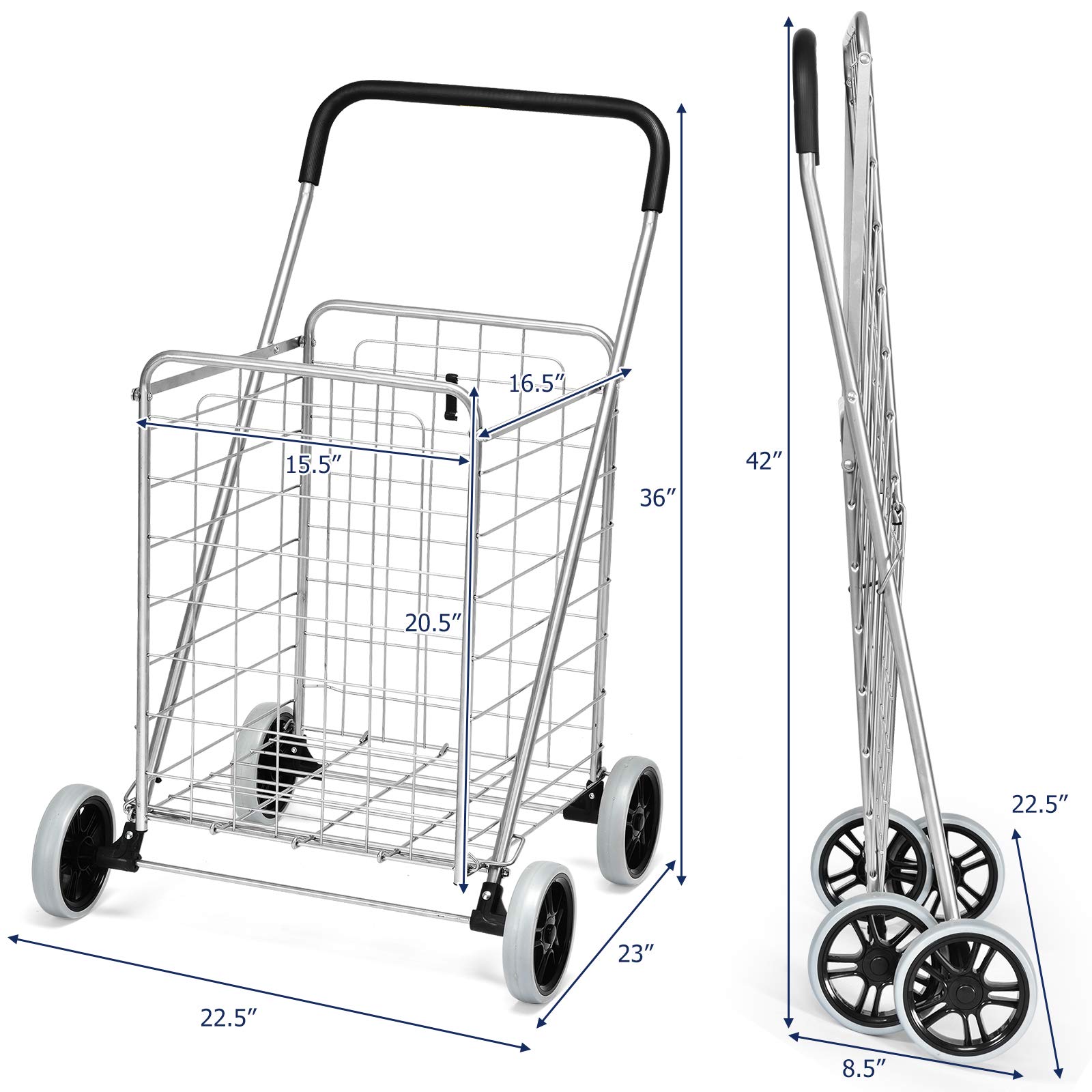 Goplus Heavy Duty Folding Shopping Cart with Wheels - Portable Collapsible Grocery Cart for Supermarket, Laundry & Home Use - Lightweight Foldable Utility Cart (Silver)