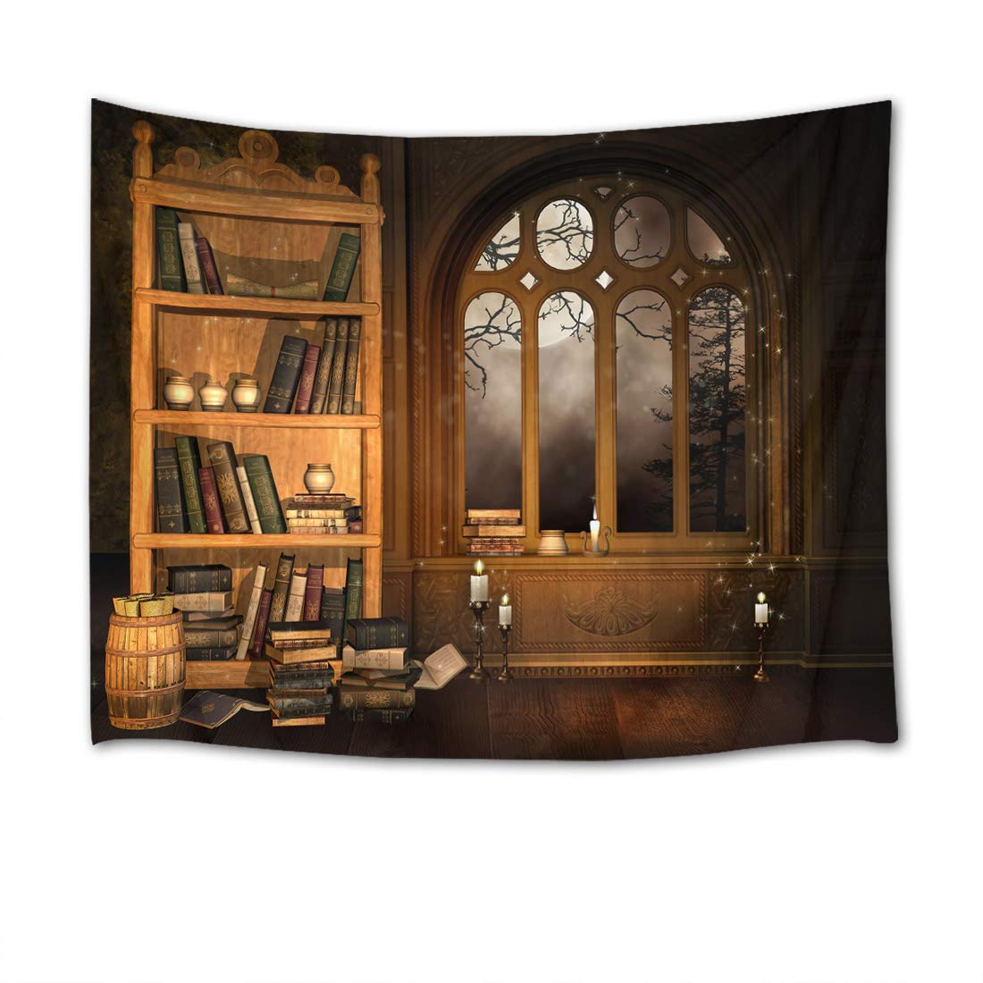 HVEST Vintage Bookshelf Tapestry Wall Hanging - Witchy Study Room Decor with Moon Night Design, 92.5W x 70.9H Inches - Perfect for Bohemian Bedroom, Living Room, or Meditation Space