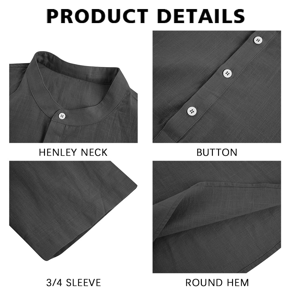 Ryannology Men's Linen Shirts - Breathable Cotton 3/4 Sleeve Henley T-Shirt for Summer | Casual Regular Fit Lightweight Top for Beach, Yoga & Outdoor Activities