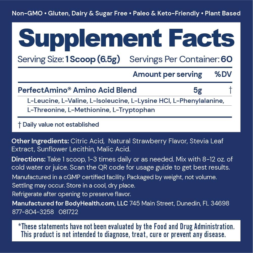 BodyHealth PerfectAmino Powder - BCAA & EAA Supplement for Workout Recovery & Muscle Growth - Strawberry Flavor Amino Acid Energy Drink for Men & Women - 60 Servings - Ideal for Gym, Fitness Training & Post-Workout Recovery