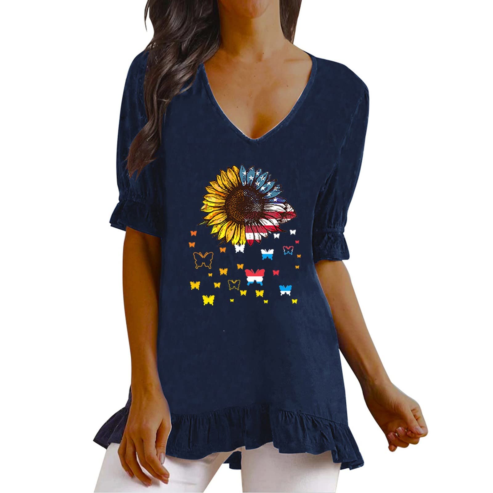 Women's Floral Printed V-Neck Ruffle Short Sleeve T-Shirt - Lightweight Summer Top for Independence Day & Casual Wear