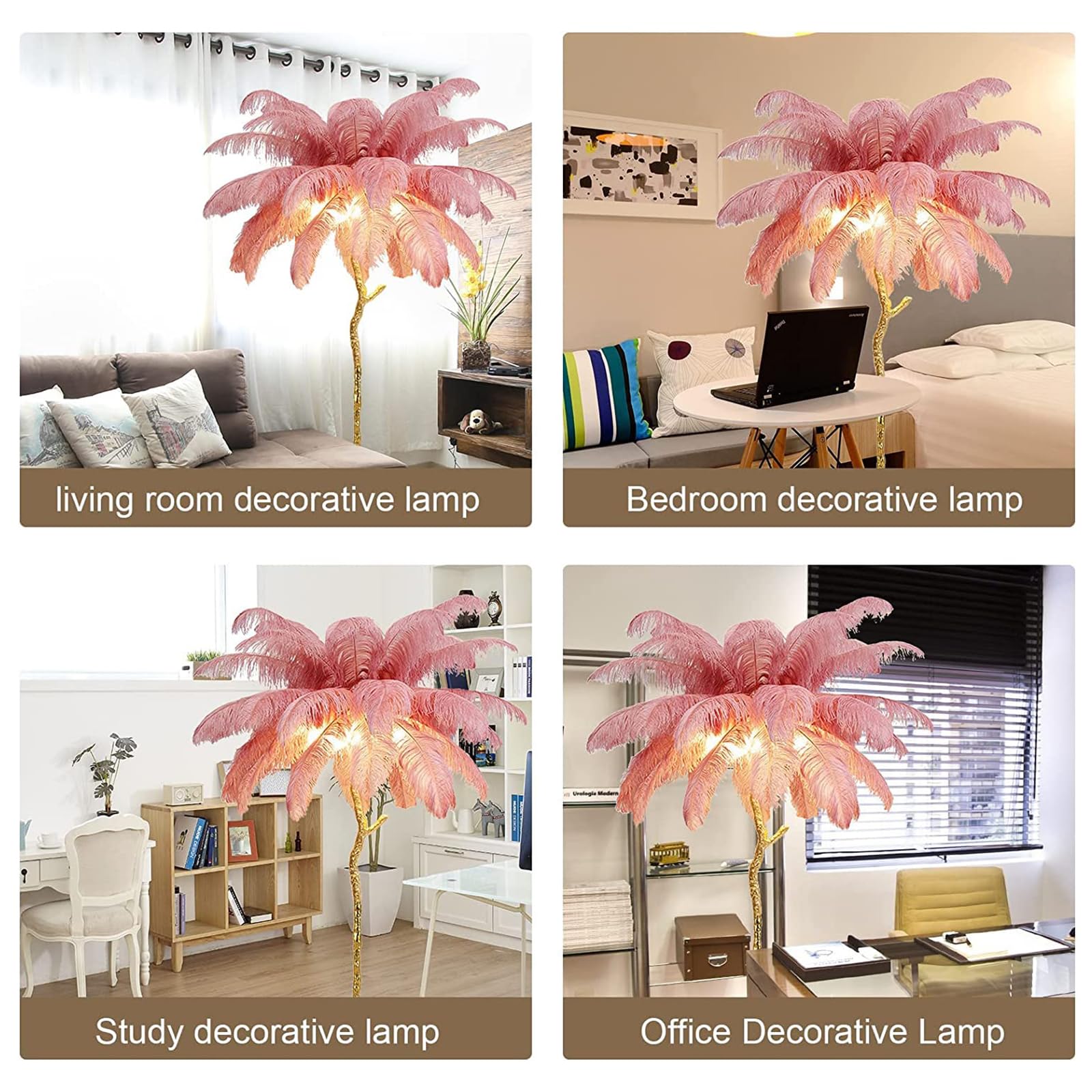 Natural Ostrich Feather Floor Lamp - Modern LED Dimmable Standing Light with Adjustable Brightness, Romantic Princess Style Bedroom Reading Lamp, Tall Corner Light for Living Room, Dining Room & Office (120cm, Pink) | Perfect for Cozy Nights, Home Decor & Ambient Lighting