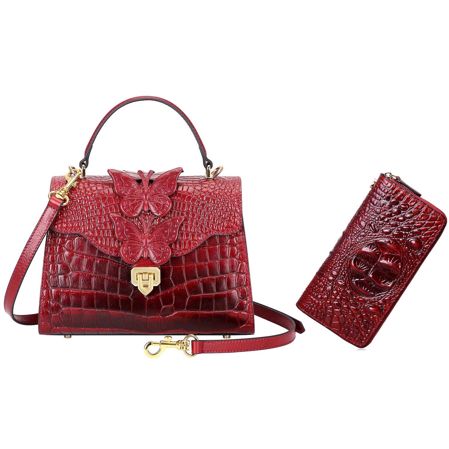 PIJUSHI Designer Women's Crocodile Leather Crossbody Bag & Butterfly Wristlet Wallet Set - Elegant Satchel Purse with Matching Clutch for Work, Party & Evening Events