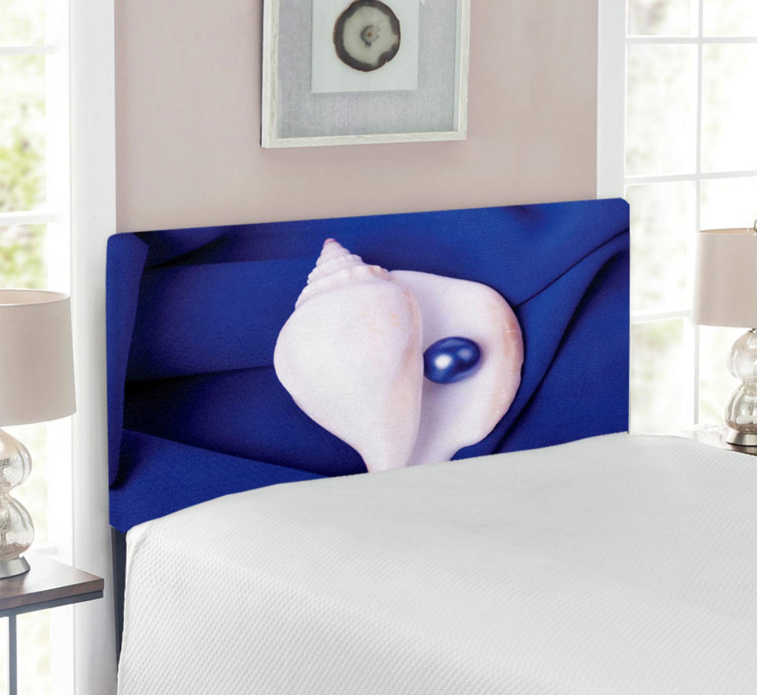 Ambesonne Pearl Upholstered Headboard - Twin Size Blue & White, Exotic Shell Pearl Design with Memory Foam for Bedroom Decor | Perfect for Coastal, Nautical & Luxury Bedroom Themes