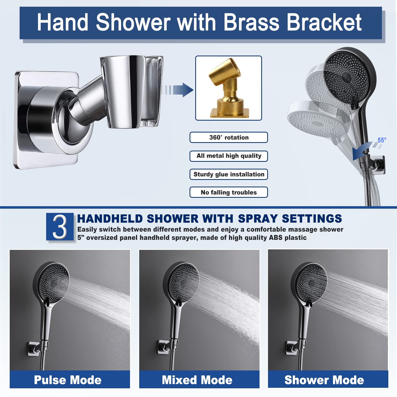 YDmeet Dual Shower Head Combo - 10 Inch Rainfall Shower Head & Adjustable 12 Inch Extension Arm with 3-Way Diverter - Handheld Showerhead with 71 Inch Hose - Chrome Finish - Perfect for Bathroom Renovation, Spa-Like Experience & Water Saving