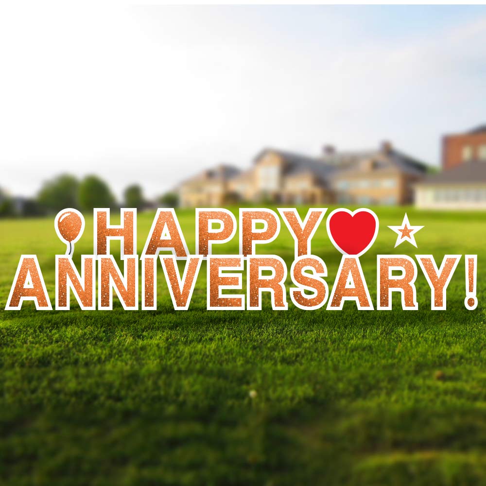 Vispronet Happy Anniversary Yard Signs with Stakes - 18in Tall Durable Coroplast Letters - Weather-Resistant Outdoor Decor with Steel Stakes (Faux Glitter Orange) - Perfect for Anniversary Celebrations, Backyard Parties & Special Events