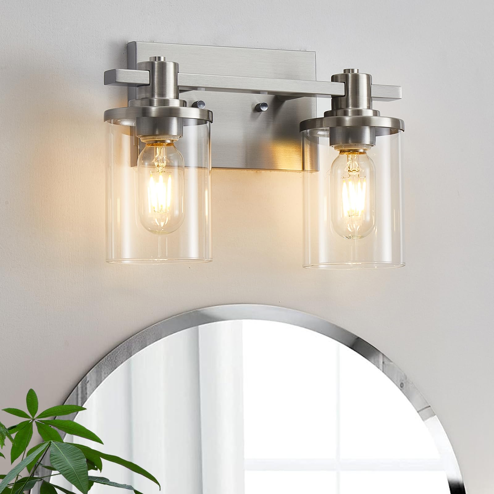 DADUL 2-Light Brushed Nickel Bathroom Vanity Light Fixture with Clear Glass Shade - Modern Wall Sconce for Bathroom Mirror Lighting - Perfect for Bathroom, Powder Room, and Dressing Room Vanity Makeup Area