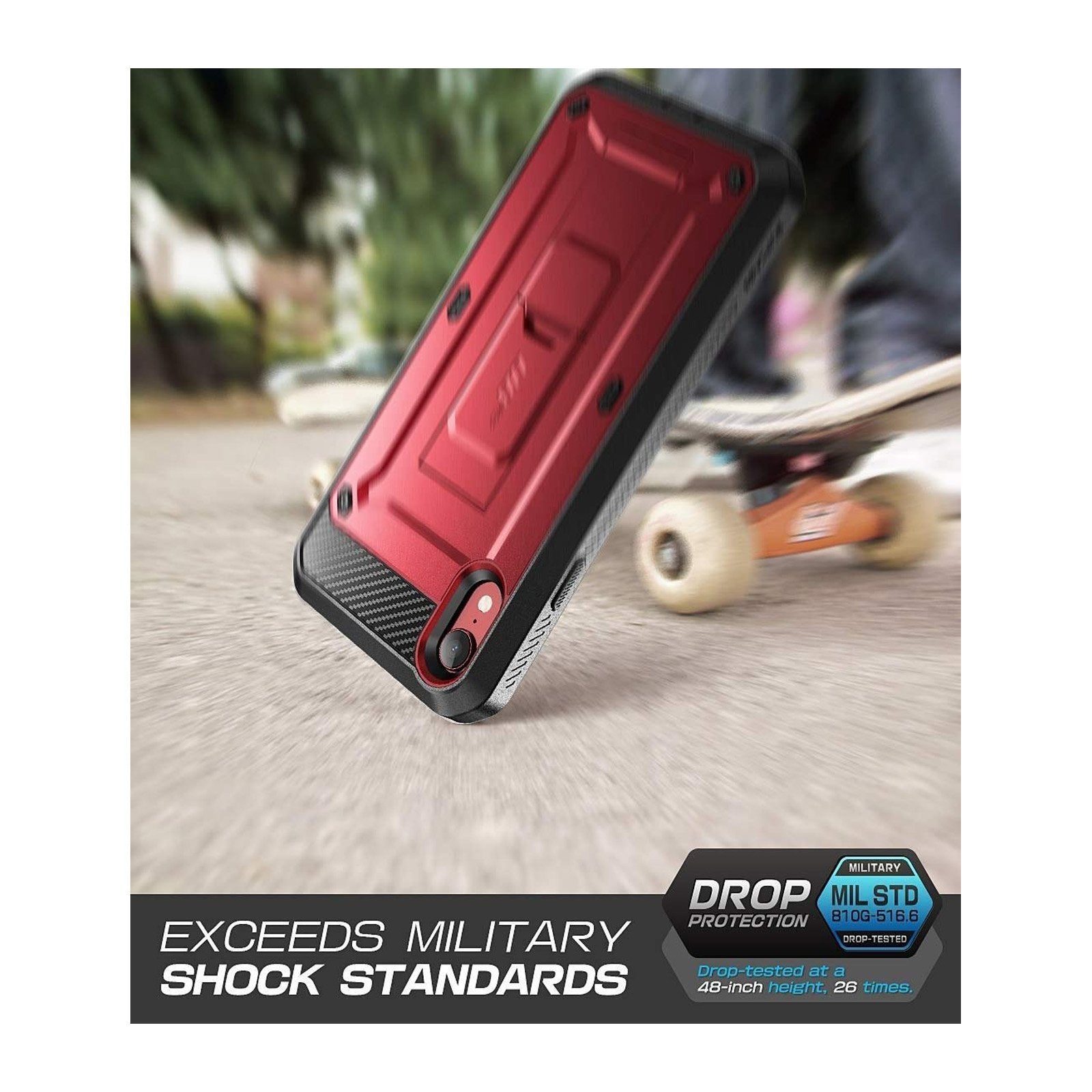iPhone XR Unicorn Beetle Pro Full Body Holster Case - Heavy Duty Shockproof Cover with Built-in Screen Protector, Metallic Red - Perfect for Outdoor, Work & Extreme Sports Protection