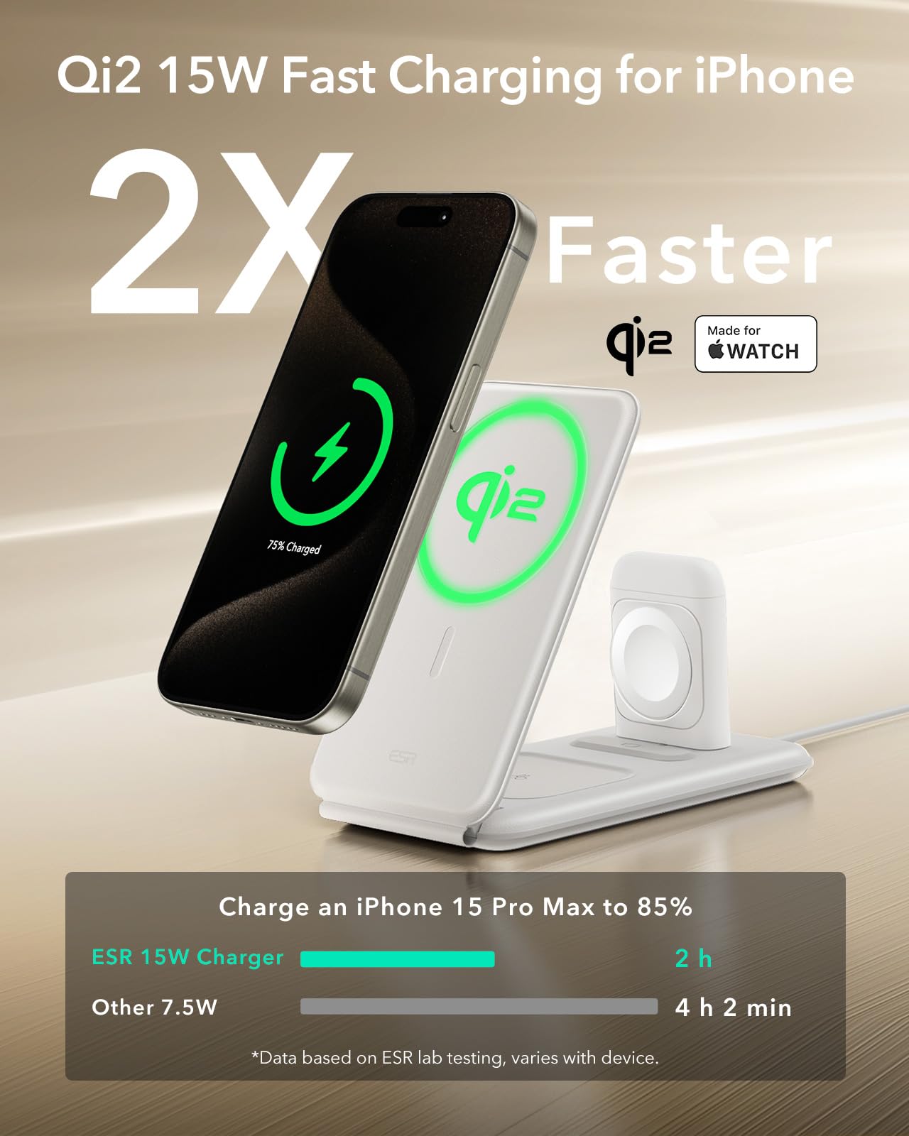 ESR Qi2 Certified 3-in-1 Wireless Charging Station for iPhone 16/15/14/13/12, Apple Watch & AirPods 4/3/2 - Adjustable 2-Way Magsafe Charger Stand (White) | Perfect for Travel, Office & Nightstand Charging