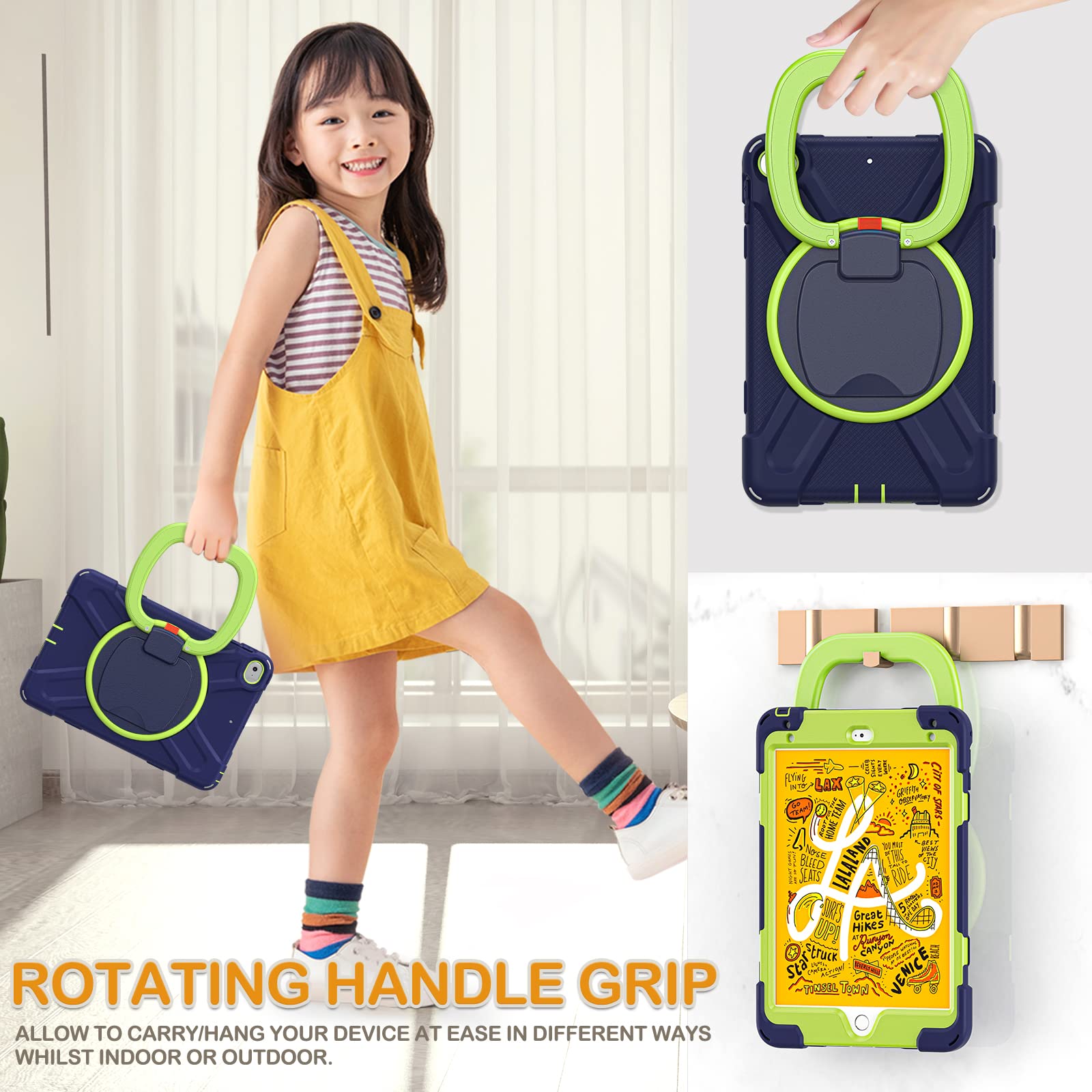 **BRAECN Shockproof Kids iPad Mini 5 Case - Full Body Silicone Cover with Pencil Holder, Hand Grip & Kickstand | Compatible with iPad Mini 5/4 (2019/2015) 7.9 Inch | Navy & Green | Perfect for School, Travel & Outdoor Play**