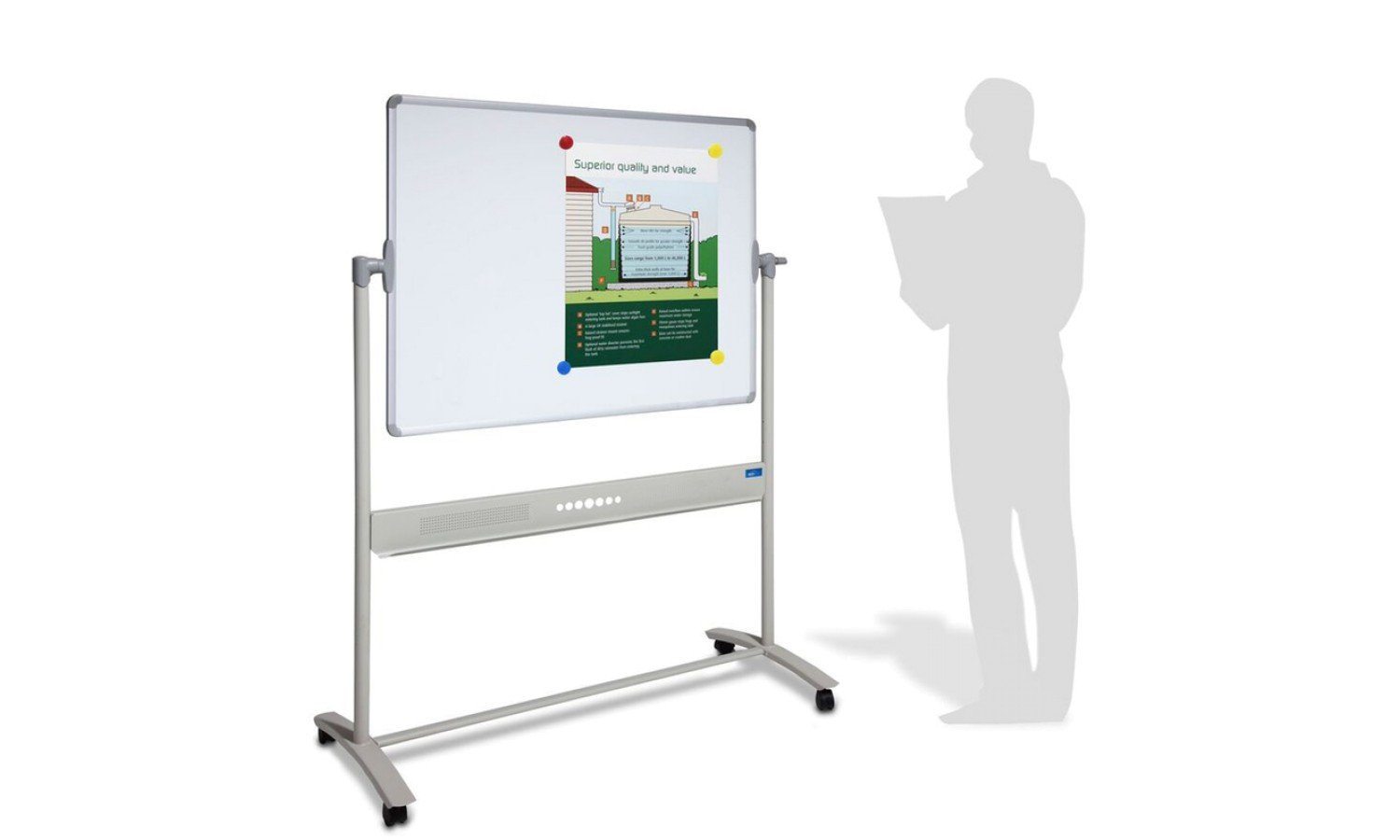 Heavy Duty Porcelain Magnetic Mobile Whiteboard on Wheels with Pivoting/Fixed Silver Frame - Ideal for Offices, Classrooms & Home Use